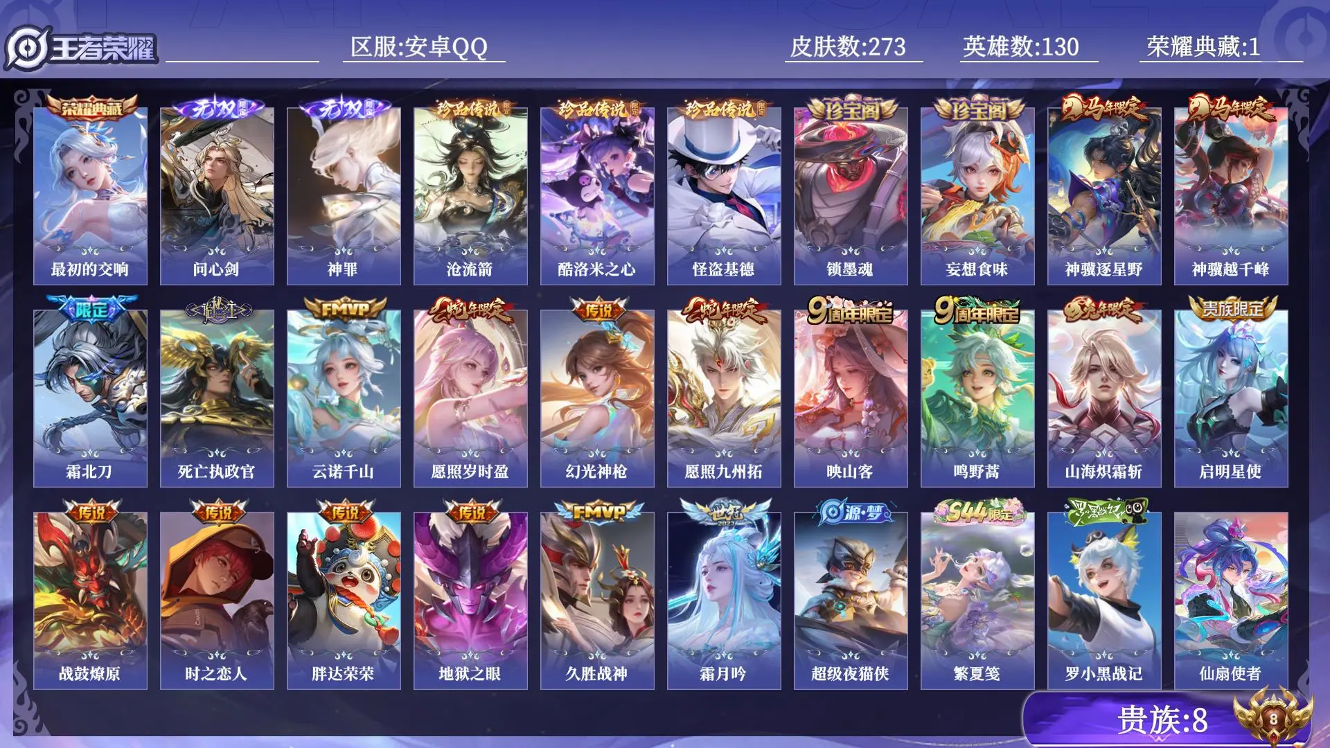 王者荣耀账号安卓QQ贵族8 荣耀典藏1 无双2 珍品传说3 传说皮肤18 史诗皮肤96 皮肤数量273 皮肤价值:220400 英雄130 尊贵铂金I 总场次3099