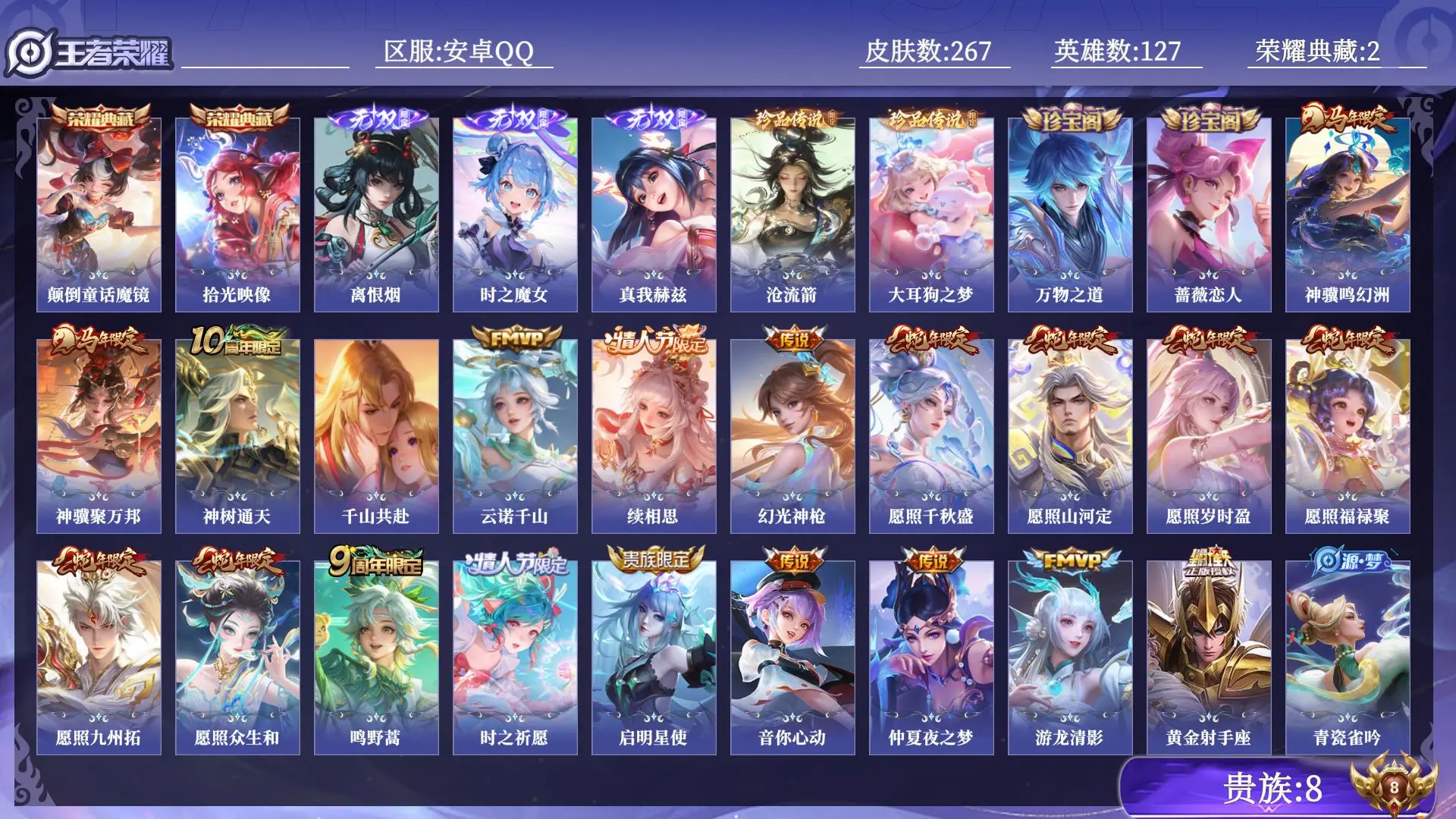王者荣耀账号安卓QQ贵族8 荣耀典藏2 无双3 珍品传说2 传说皮肤20 史诗皮肤80 皮肤数量267 皮肤价值:225628 英雄127 永恒钻石IV 总场次4995