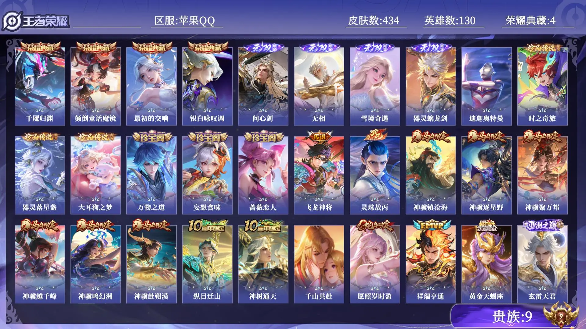 王者荣耀账号苹果QQ贵族9 荣耀典藏4 无双4 珍品传说4 传说皮肤44 史诗皮肤125 皮肤数量434 皮肤价值:392728 英雄130 最强王者 总场次7546