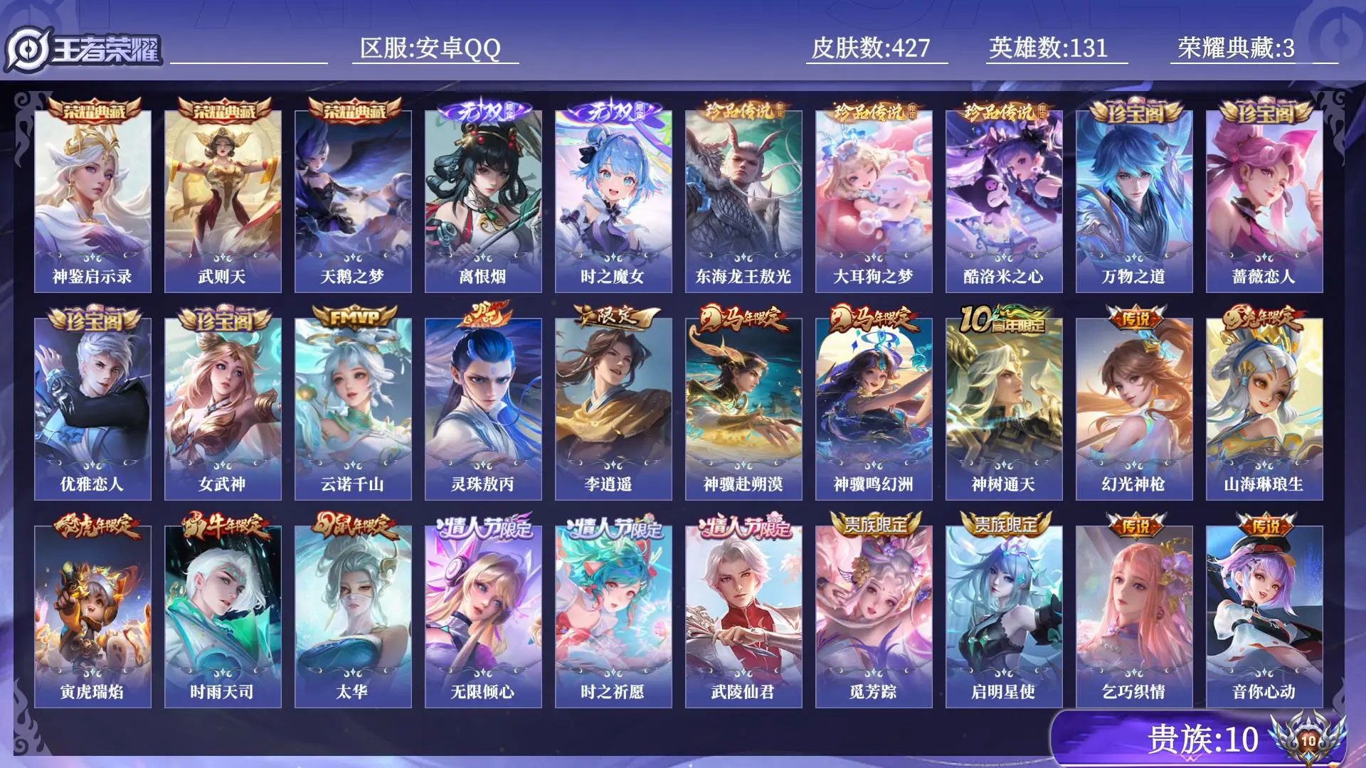 王者荣耀账号安卓QQ贵族10 荣耀典藏3 无双2 珍品传说3 传说皮肤32 史诗皮肤133 皮肤数量427 皮肤价值:337724 英雄131 荣耀王者 总场次16395