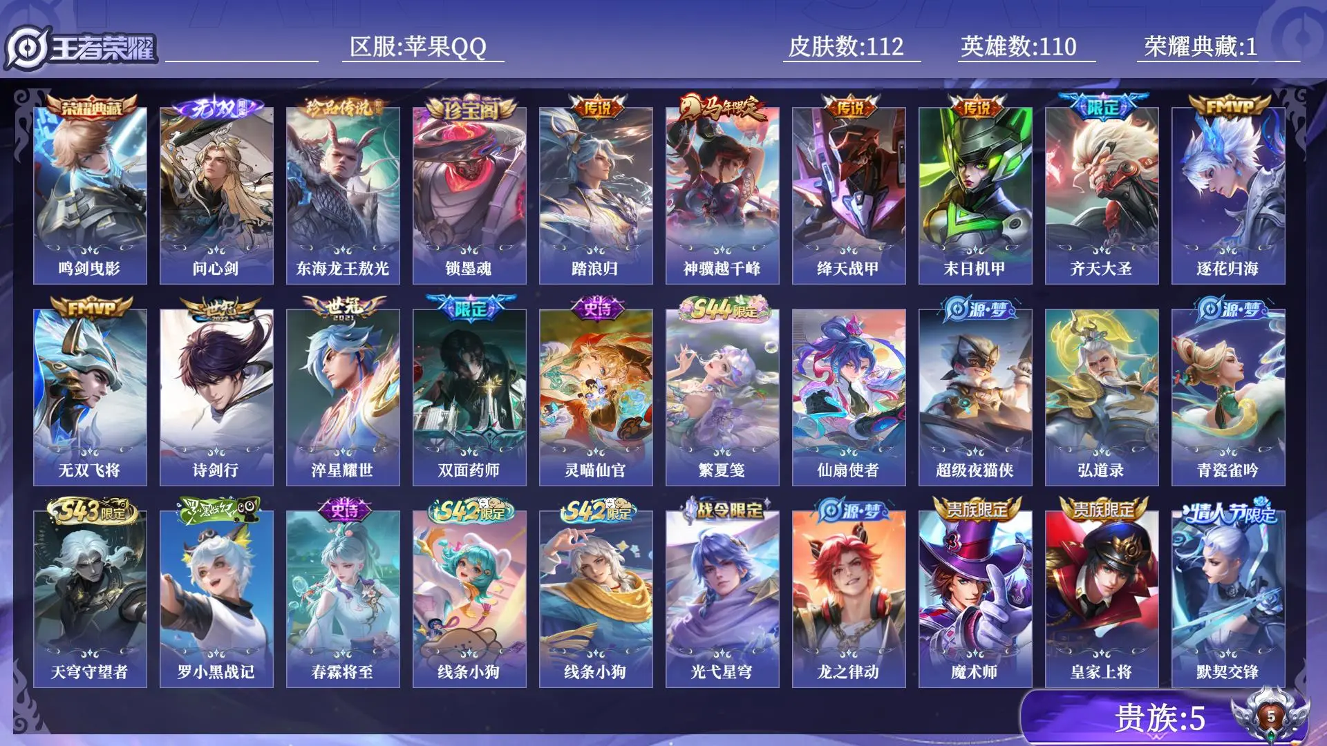 王者荣耀账号苹果QQ贵族5 荣耀典藏1 无双1 珍品传说1 传说皮肤9 史诗皮肤43 皮肤数量112 皮肤价值:99492 英雄110 至尊星耀I 总场次5921