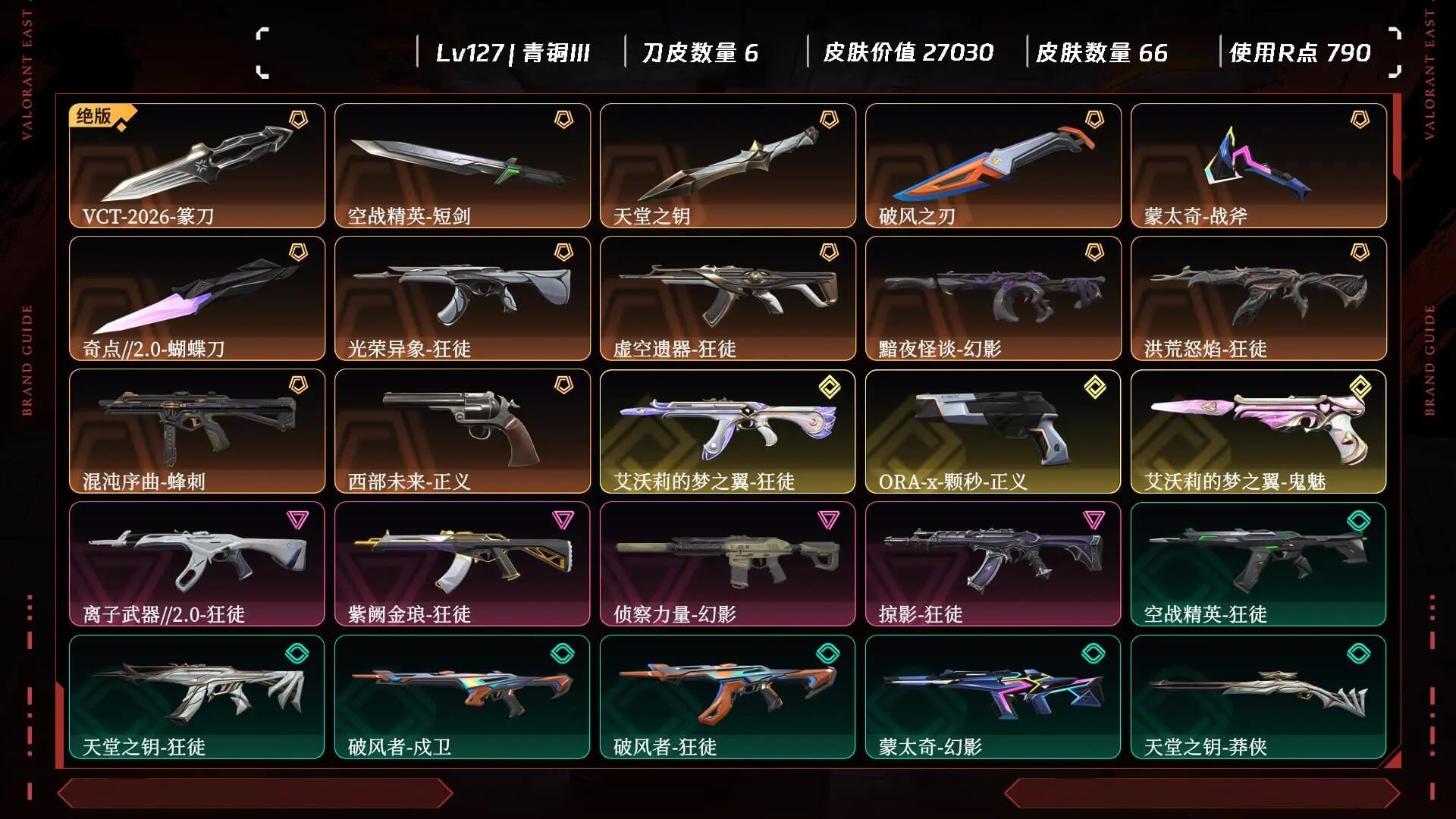abc1465/QQ区/掌上：0/ Lv127，皮肤总价值27030，青铜III，总皮肤66，刀皮6枪皮60(终极3传奇6卓越4)/【排位情况】【游戏等级】Lv127【游戏段位】青铜III【剩余V点】87【剩余R点】70【皮肤资产价值】27030【使用R点】790【英雄数量】29【皮