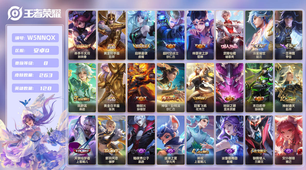 王者荣耀账号安卓QQ安卓手Q117区263皮1典藏15传说0无双 V8  (不可二次) 至尊星耀IV 【荣耀典藏】：杀手