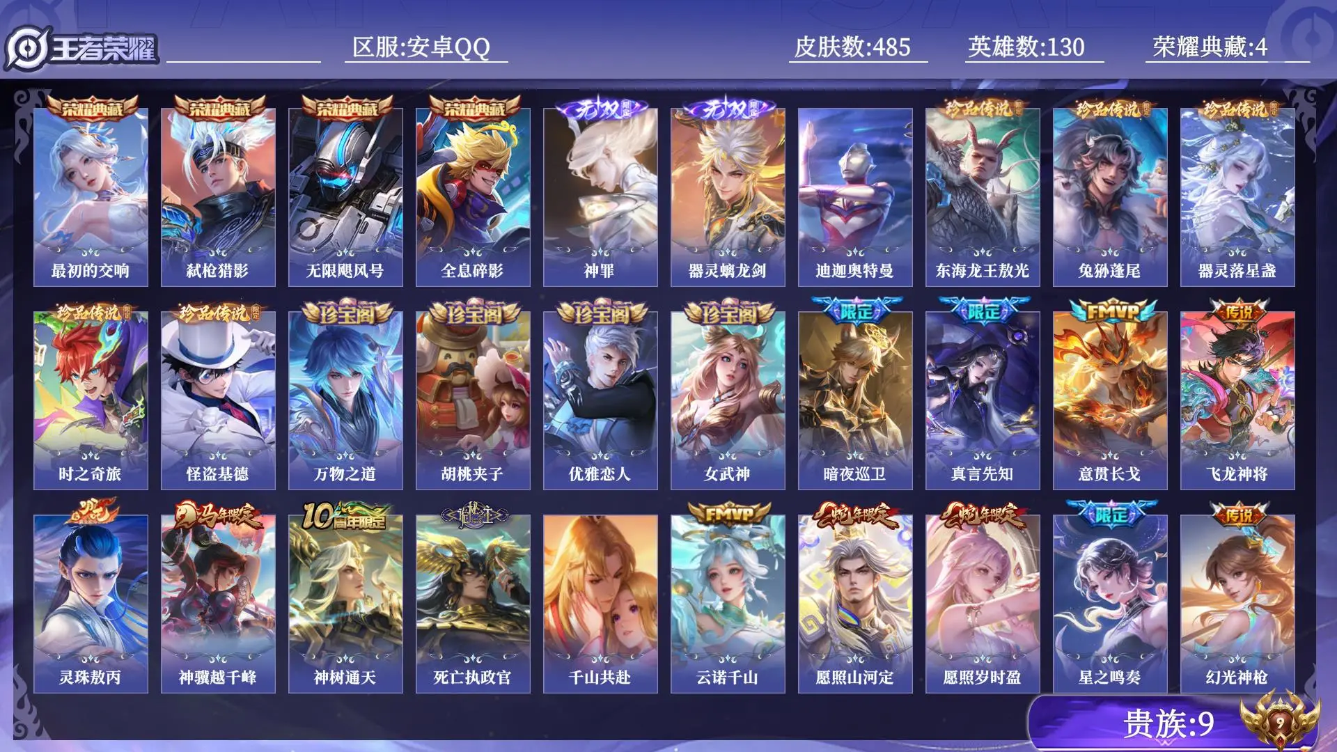 王者荣耀账号安卓QQ贵族9 荣耀典藏4 无双2 珍品传说6 传说皮肤45 史诗皮肤145 皮肤数量485 皮肤价值:424360 英雄130 荣耀王者 总场次12638