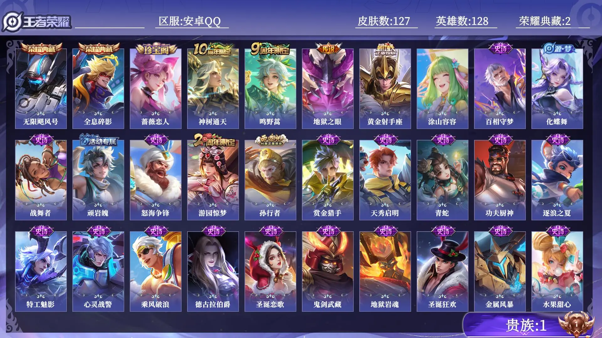 王者荣耀账号安卓QQ贵族1 荣耀典藏2 传说皮肤4 史诗皮肤30 皮肤数量127 皮肤价值:115064 英雄128 荣耀黄金II 总场次1684