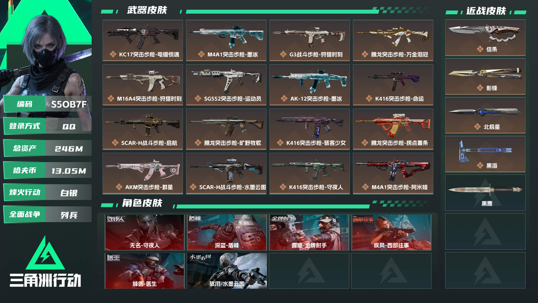 【终身售后 找回包赔】QQ包人脸，【烽火等级】：60，【总资产】：246M，【烽火段位】：白银，【全面战场段位】：列兵，【哈夫币】：，【三角券】：968，【安全箱】：基础安全箱，【干员皮肤】：蜂医-医生,深蓝-盾峰,无名-守夜人,疾风-西部往事,露娜-金牌射手,骇爪-水墨云图，【近身