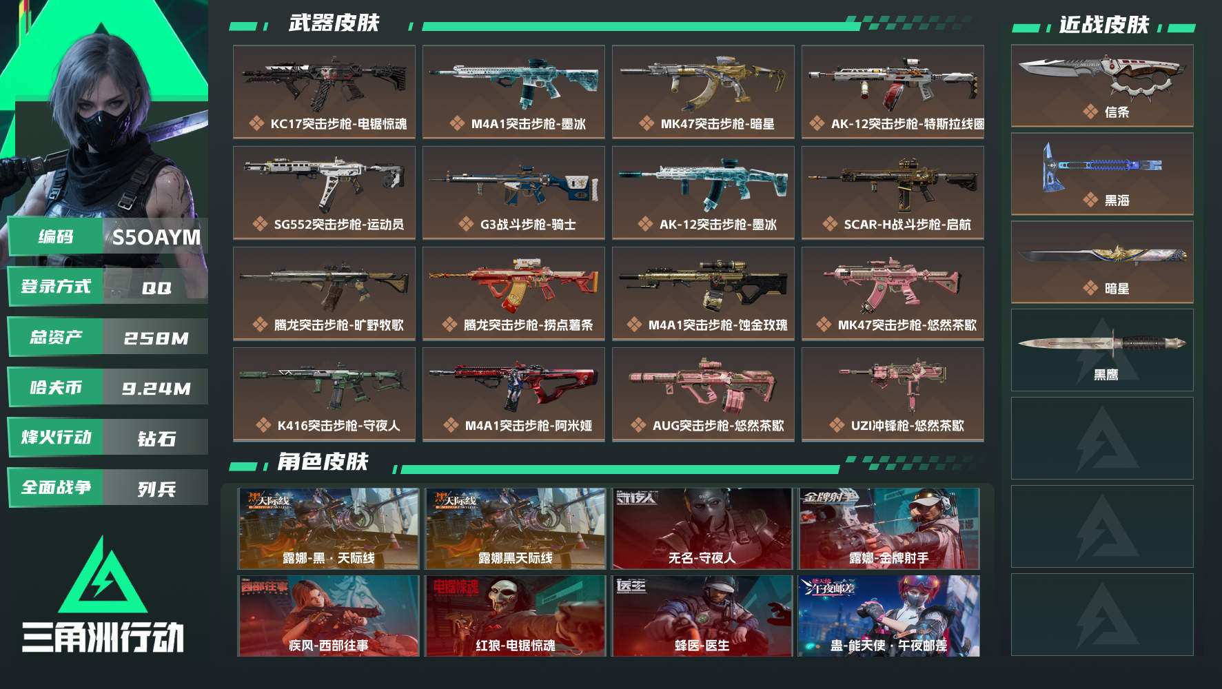 【终身售后 找回包赔】QQ包人脸，【烽火等级】：60，【总资产】：258M，【烽火段位】：钻石，【全面战场段位】：列兵，【哈夫币】：，【三角券】：220，【安全箱】：基础安全箱，【干员皮肤】：蜂医-医生,无名-守夜人,疾风-西部往事,露娜黑天际线,露娜-金牌射手,红狼-电锯惊魂,蛊-能