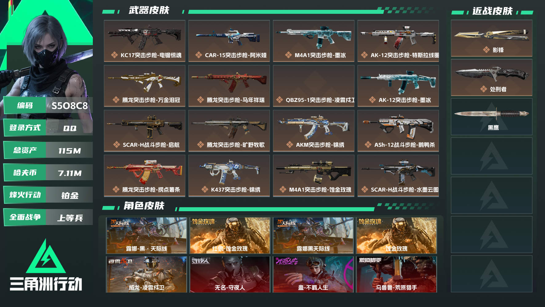 【终身售后 找回包赔】QQ包人脸，【烽火等级】：60，【总资产】：115M，【烽火段位】：铂金，【全面战场段位】：上等兵，【哈夫币】：，【三角券】：80，【安全箱】：基础安全箱，【干员皮肤】：蜂医-医生,无名-守夜人,疾风-西部往事,露娜黑天际线,蚀金玫瑰,蛊-不羁人生,乌鲁鲁-荒原猎