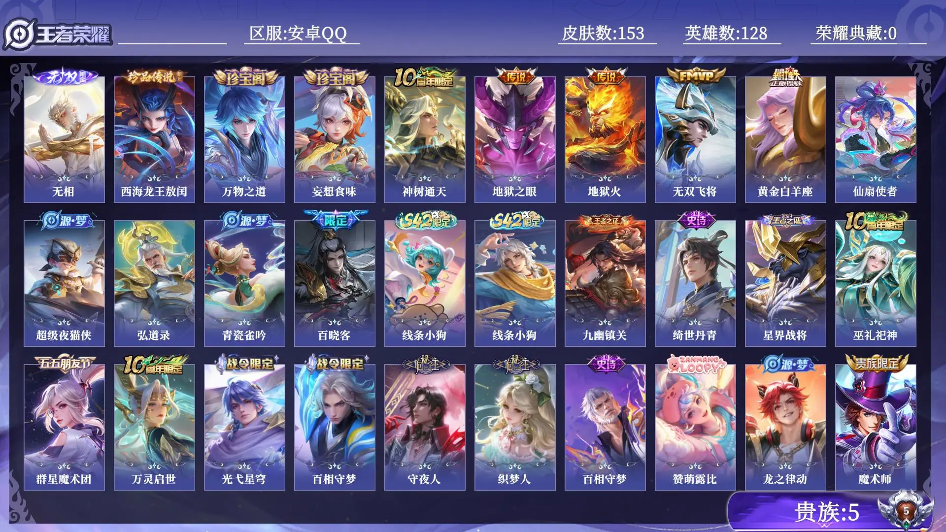 王者荣耀账号安卓QQ贵族5 无双1 珍品传说1 传说皮肤5 史诗皮肤57 皮肤数量153 皮肤价值:99980 英雄128 至尊星耀I 总场次5005