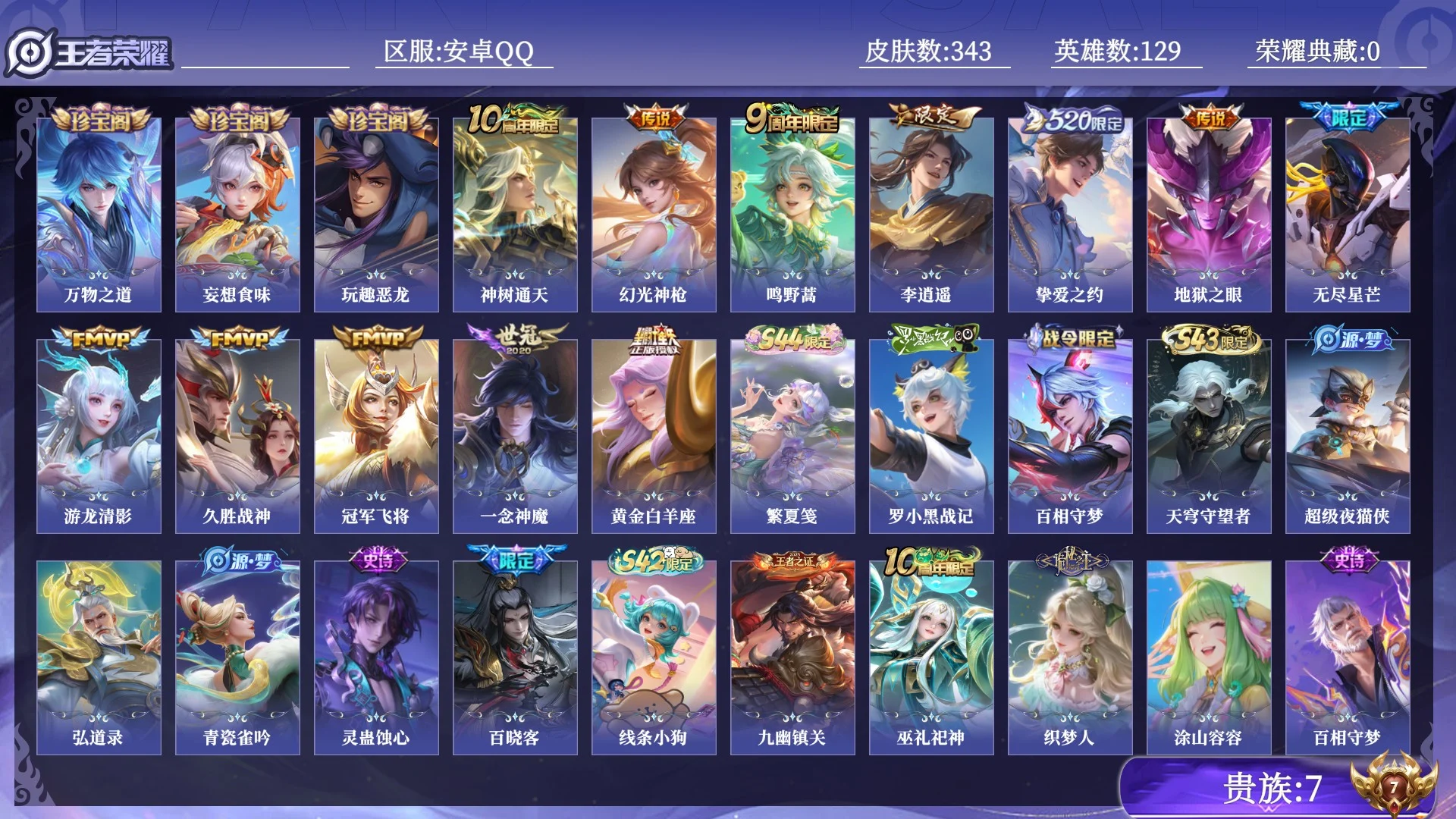 王者荣耀账号安卓QQ贵族7 传说皮肤12 史诗皮肤94 皮肤数量343 皮肤价值:212092 英雄129 至尊星耀IV 总场次12055