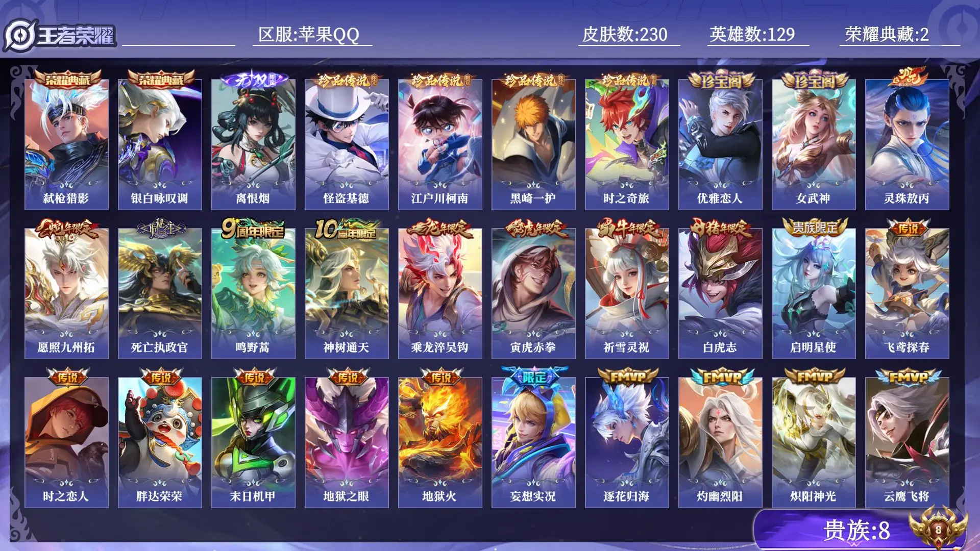 王者荣耀账号苹果QQ贵族8 荣耀典藏2 无双1 珍品传说4 传说皮肤24 史诗皮肤65 皮肤数量230 皮肤价值:197788 英雄129 永恒钻石V 总场次5250