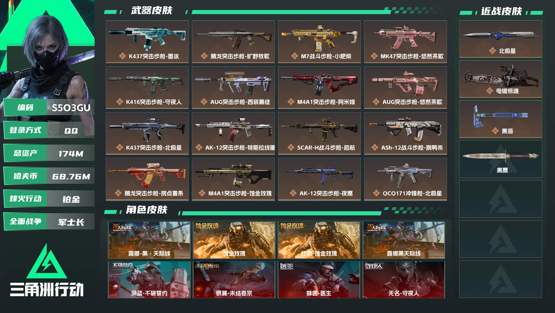 【终身售后 找回包赔】QQ可二次实名，【烽火等级】：60，【总资产】：174M，【烽火段位】：铂金，【全面战场段位】：军士长，【哈夫币】：，【三角券】：4494，【安全箱】：基础安全箱，【干员皮肤】：蜂医-医生,无名-守夜人,疾风-西部往事,露娜黑天际线,蚀金玫瑰,银翼-未结卷宗,深