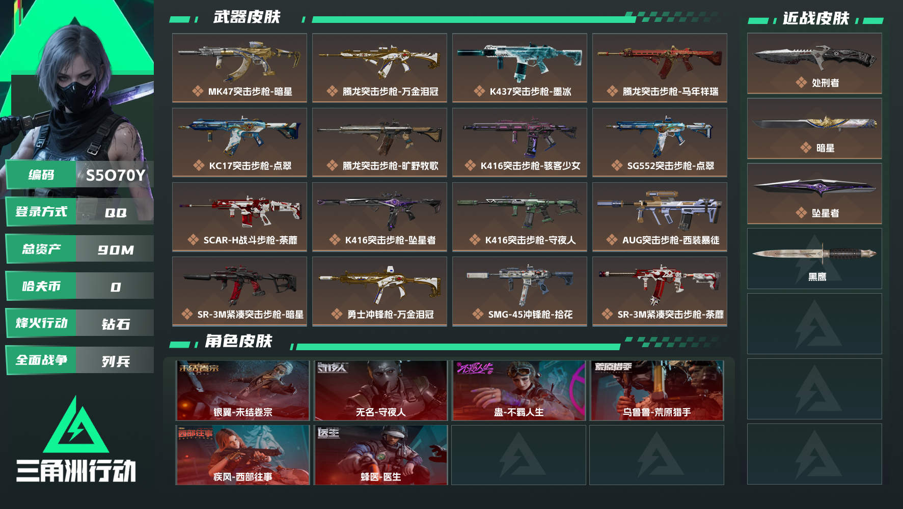 【终身售后 找回包赔】QQ包人脸，【烽火等级】：60，【总资产】：90M，【烽火段位】：钻石，【全面战场段位】：列兵，【三角券】：540，【安全箱】：高级安全箱，【干员皮肤】：蜂医-医生,无名-守夜人,疾风-西部往事,银翼-未结卷宗,蛊-不羁人生,乌鲁鲁-荒原猎手，【近身武器】：黑鹰,坠星者,处刑者