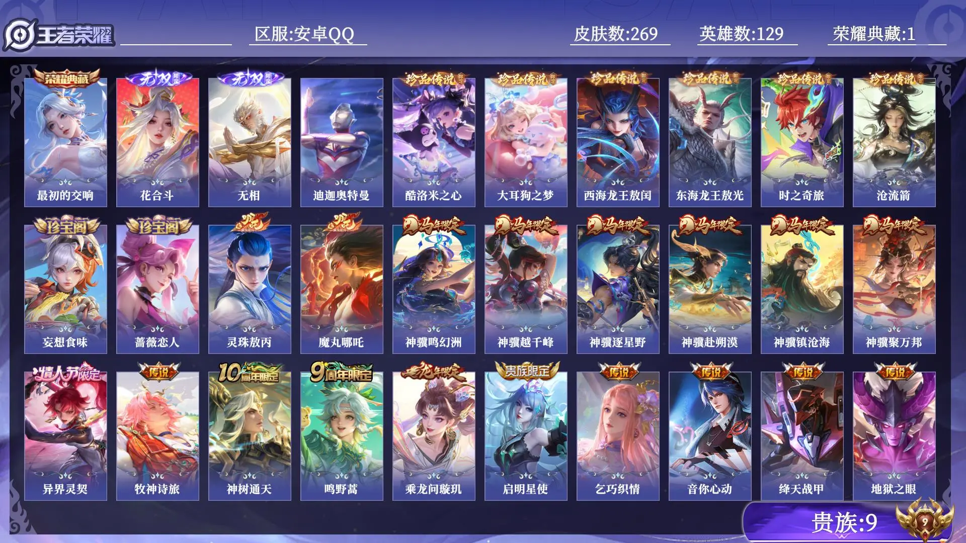 王者荣耀账号安卓QQ贵族9 荣耀典藏1 无双2 珍品传说7 传说皮肤27 史诗皮肤97 皮肤数量269 皮肤价值:229096 英雄129 至尊星耀IV 总场次2627