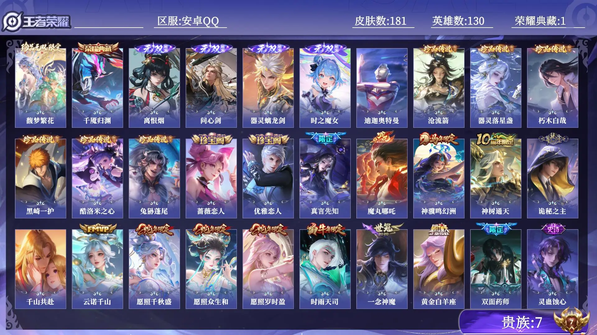 王者荣耀账号安卓QQ贵族7 荣耀典藏1 珍品无双1 无双4 珍品传说7 传说皮肤13 史诗皮肤54 皮肤数量181 皮肤价值:139148 英雄130 荣耀王者 总场次6191