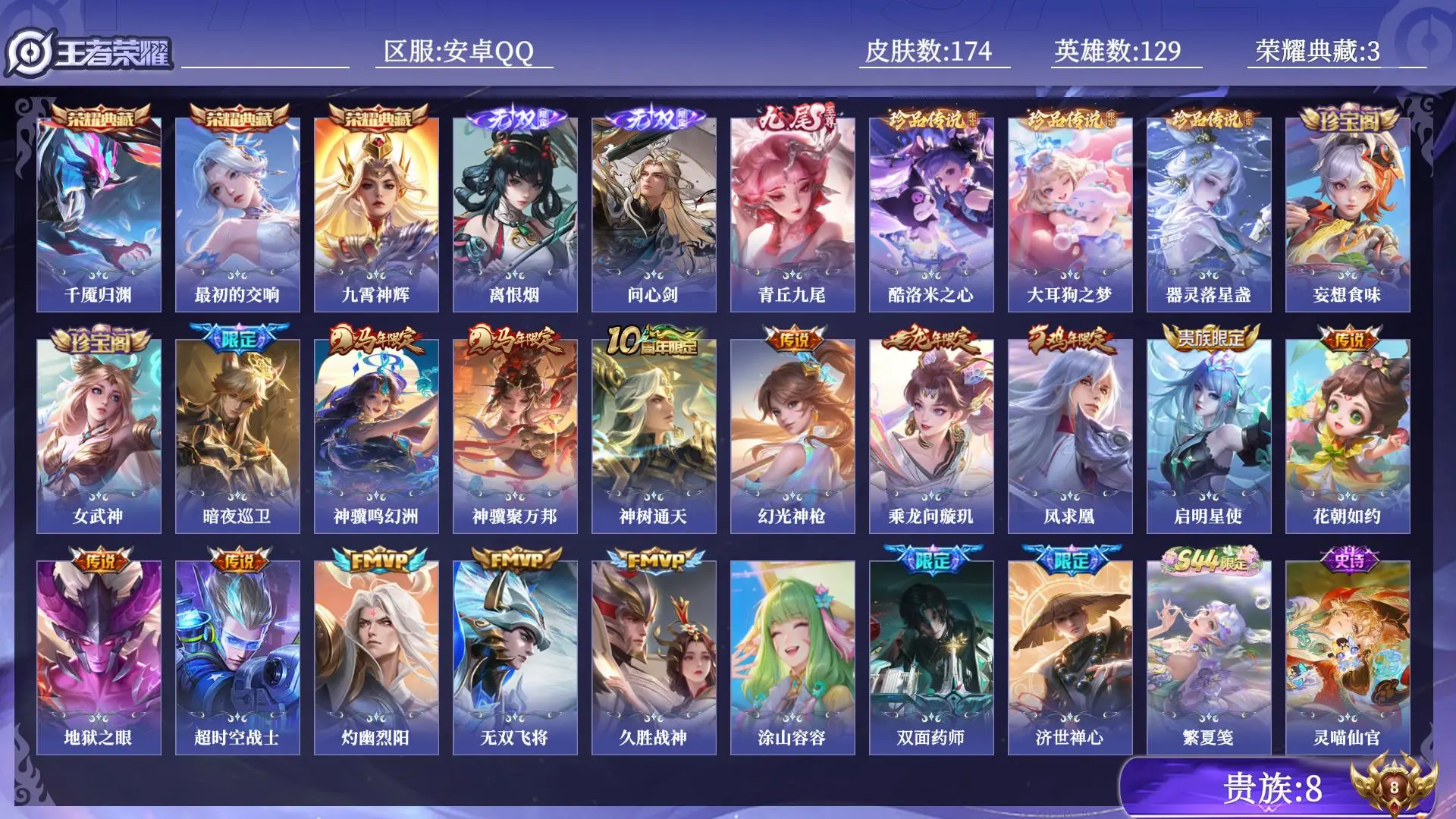 王者荣耀账号安卓QQ贵族8 荣耀典藏3 无双3 珍品传说3 传说皮肤14 史诗皮肤46 皮肤数量174 皮肤价值:169806 英雄129 无双王者 总场次6945