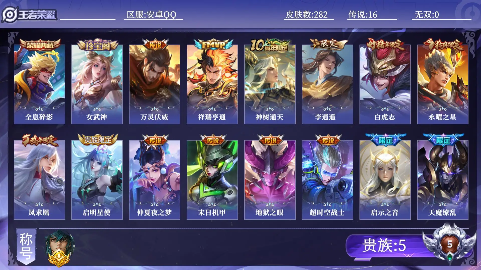 王者荣耀账号安卓QQ贵族5 金标1 皮肤数量282 荣耀典藏1 传说16 史诗67 英雄129 总场次10594 永恒钻石IV