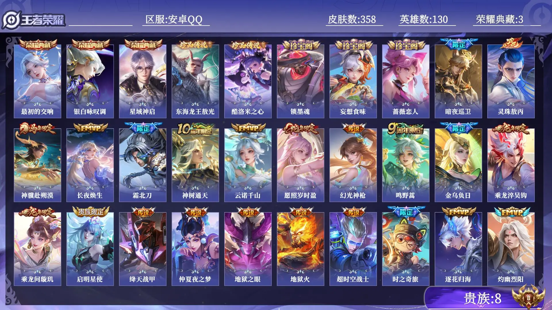 王者荣耀账号安卓QQ贵族8 皮肤数量358 荣耀典藏3 珍品传说2 传说25 史诗133 英雄130 总场次5001
