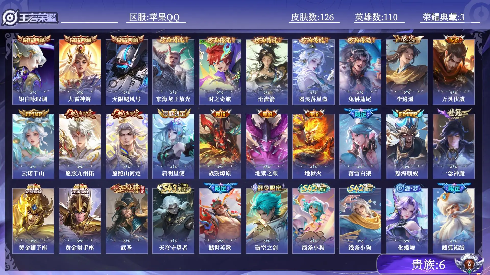 王者荣耀账号苹果QQ贵族6 荣耀典藏3 珍品传说5 传说皮肤15 史诗皮肤36 皮肤数量126 皮肤价值:145984 英雄110 永恒钻石III 总场次5723
