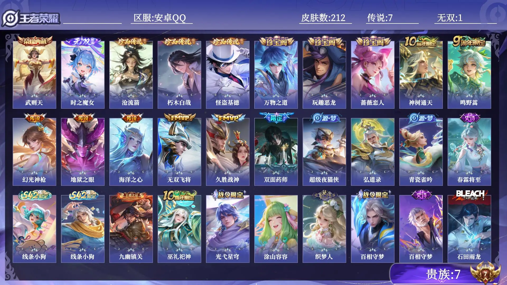 王者荣耀账号安卓QQ贵族7 皮肤数量212 无双1 荣耀典藏1 珍品传说3 传说7 史诗66 英雄131 总场次5647 非凡王者