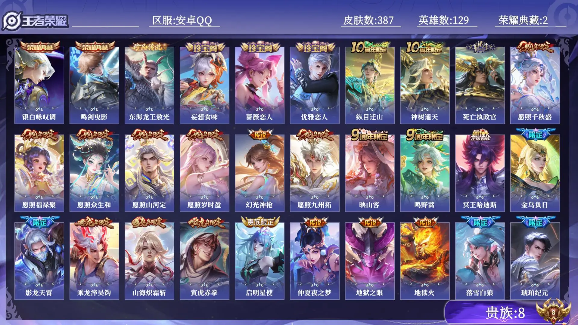 王者荣耀账号安卓QQ贵族8 荣耀典藏2 珍品传说1 传说皮肤39 史诗皮肤119 皮肤数量387 皮肤价值:324756 英雄129 尊贵铂金III 总场次5788