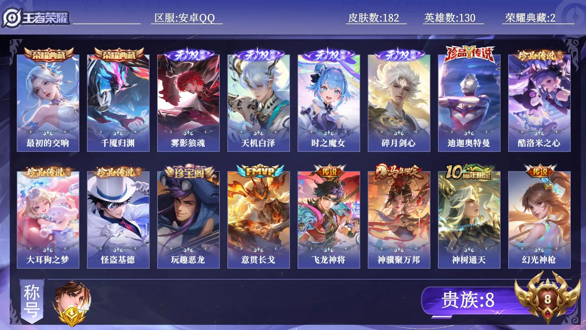 王者荣耀账号安卓QQ【省标李白】 贵族8 荣耀典藏2 无双4 珍品传说4 传说皮肤13 史诗皮肤52 皮肤数量182 皮肤价值:156500 英雄130 荣耀王者 总场次4248