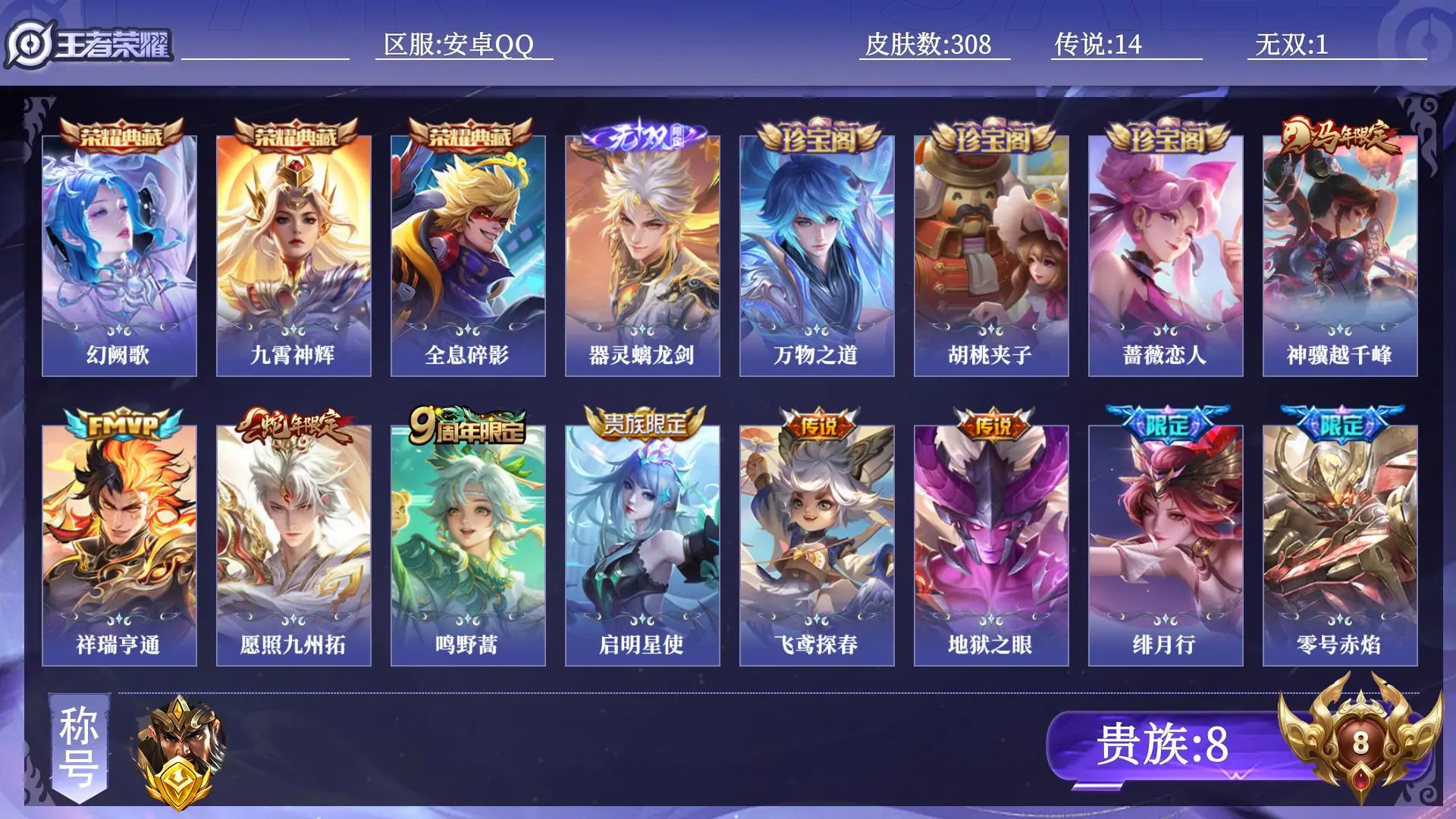 王者荣耀账号安卓QQ贵族8 金标1 皮肤数量308 无双1 荣耀典藏3 传说14 史诗81 英雄129 总场次27276 永恒钻石IV
