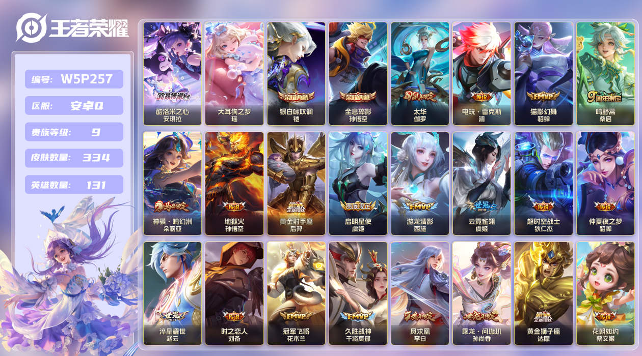 安卓手Q122区334皮2珍品传说2典藏28传说0无双 V9 营地ID (不可二次) 永恒钻石I 【珍品传说皮肤】：大耳狗之梦,酷洛米之心【荣耀典藏】：银白咏叹调,全息碎影【优质限定皮肤】：瑶时之祈愿,神威,凤求凰,白虎志【传说皮肤】：淬星耀世,电玩·雷克斯,乘龙·问璇玑,牧神诗旅