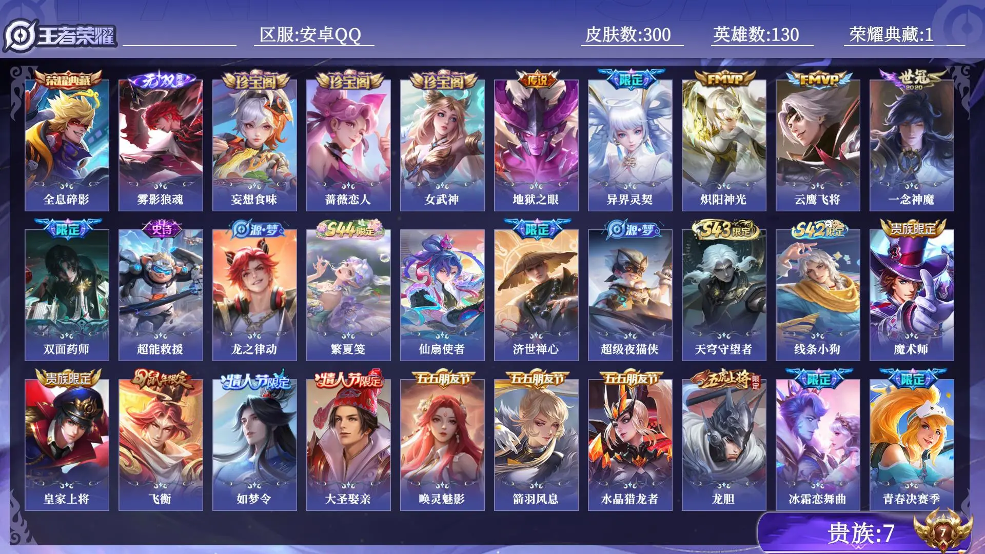 王者荣耀账号安卓QQ贵族7 皮肤数量300 无双1 荣耀典藏1 传说5 史诗86 英雄130 总场次13220