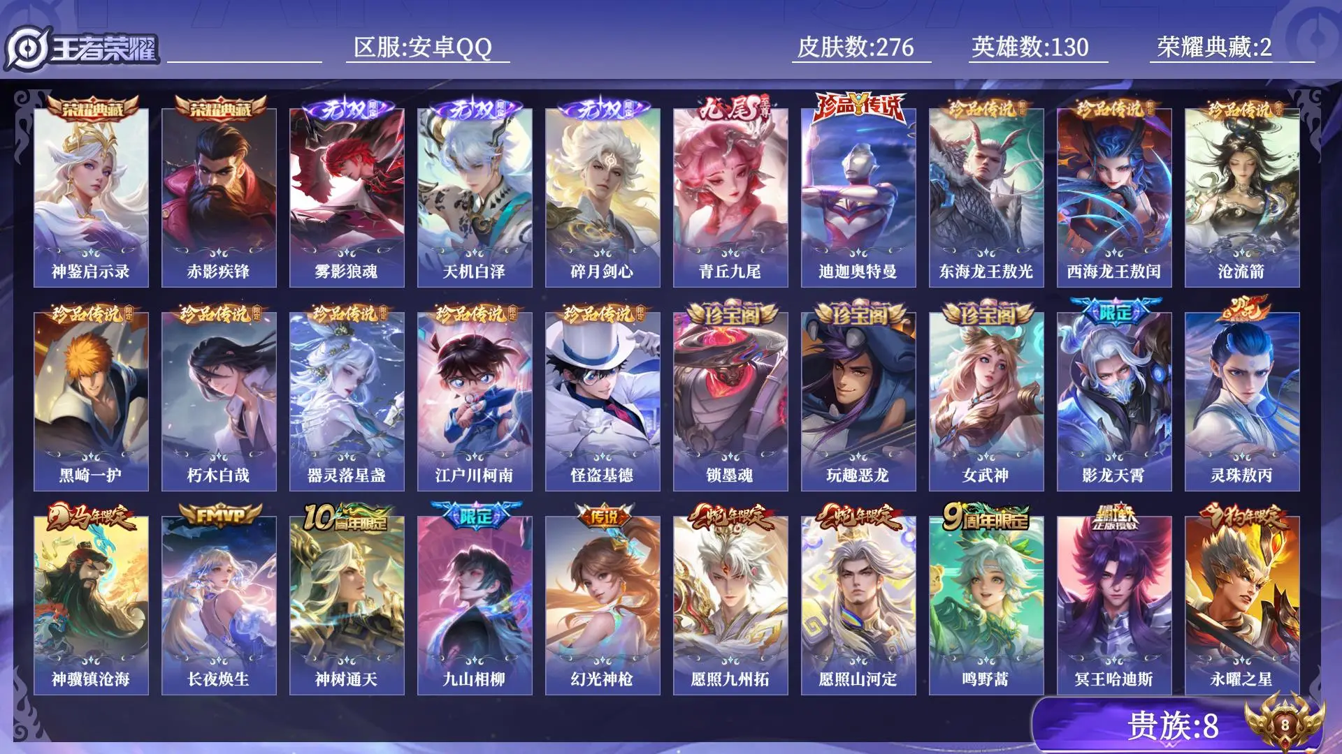 王者荣耀账号安卓QQ贵族8 荣耀典藏2 无双4 珍品传说9 传说皮肤22 史诗皮肤89 皮肤数量276 皮肤价值:239144 英雄130 至尊星耀I 总场次5033