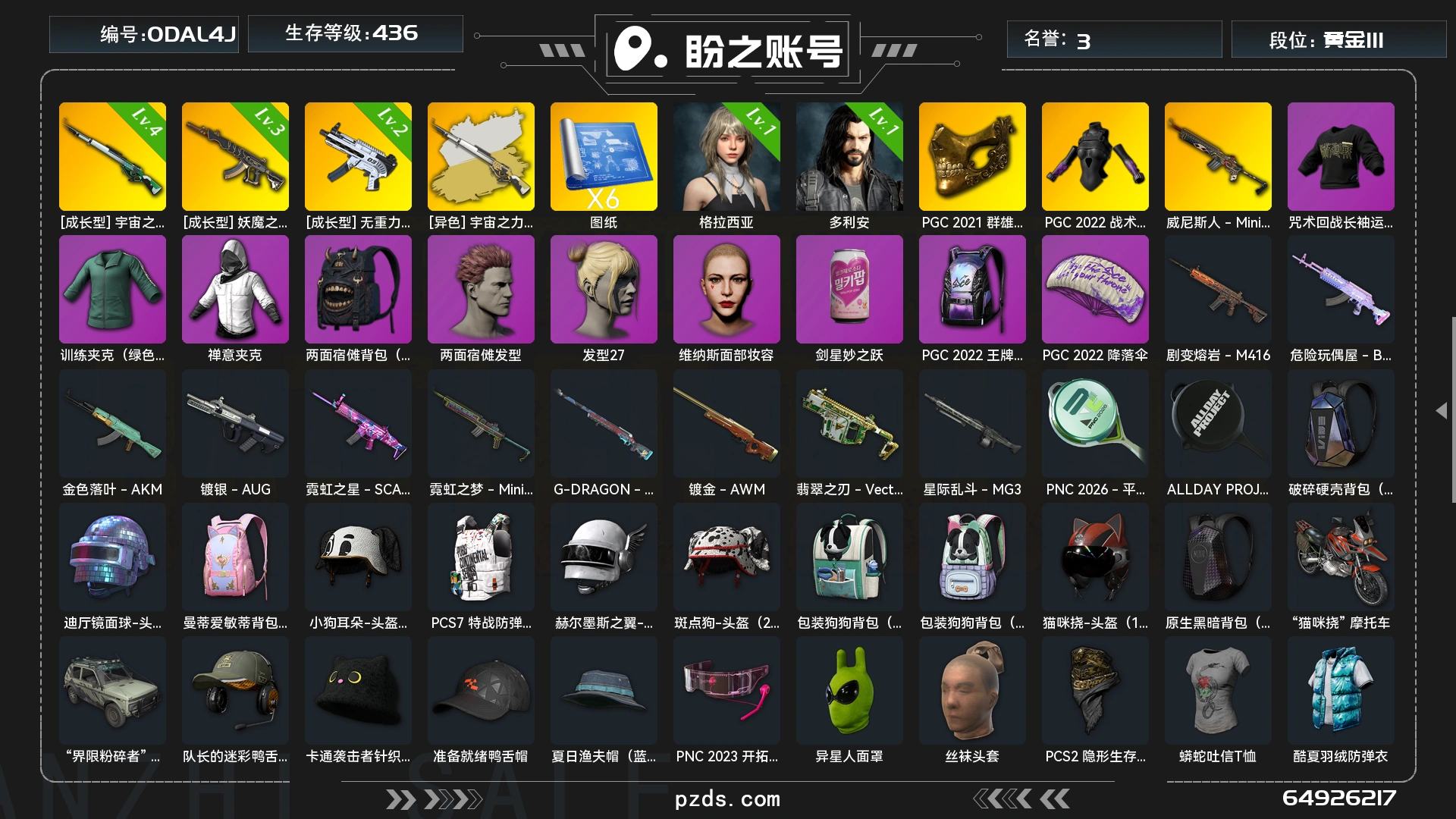 [27041523]JDPX15889 生存436级可排位/4级宇宙之力-KAR98K/3级妖魔之触-ACE32/2级无重力-MP5K/宇宙之力-KAR98K（黄白）/1级格拉西亚/1级多利安/金面具/发光手臂/白战神/绿东南亚夹克/ 0DAL4J号 黄金III, 生存等级436, 名誉等级3, 图纸6, 聚合物3346, 枪皮数量13, [成长型] 妖魔之触 - ACE32[3级], [成长型] 宇宙之力 - Kar98k[4级], [成长型] 无重力 - MP5K[2级]