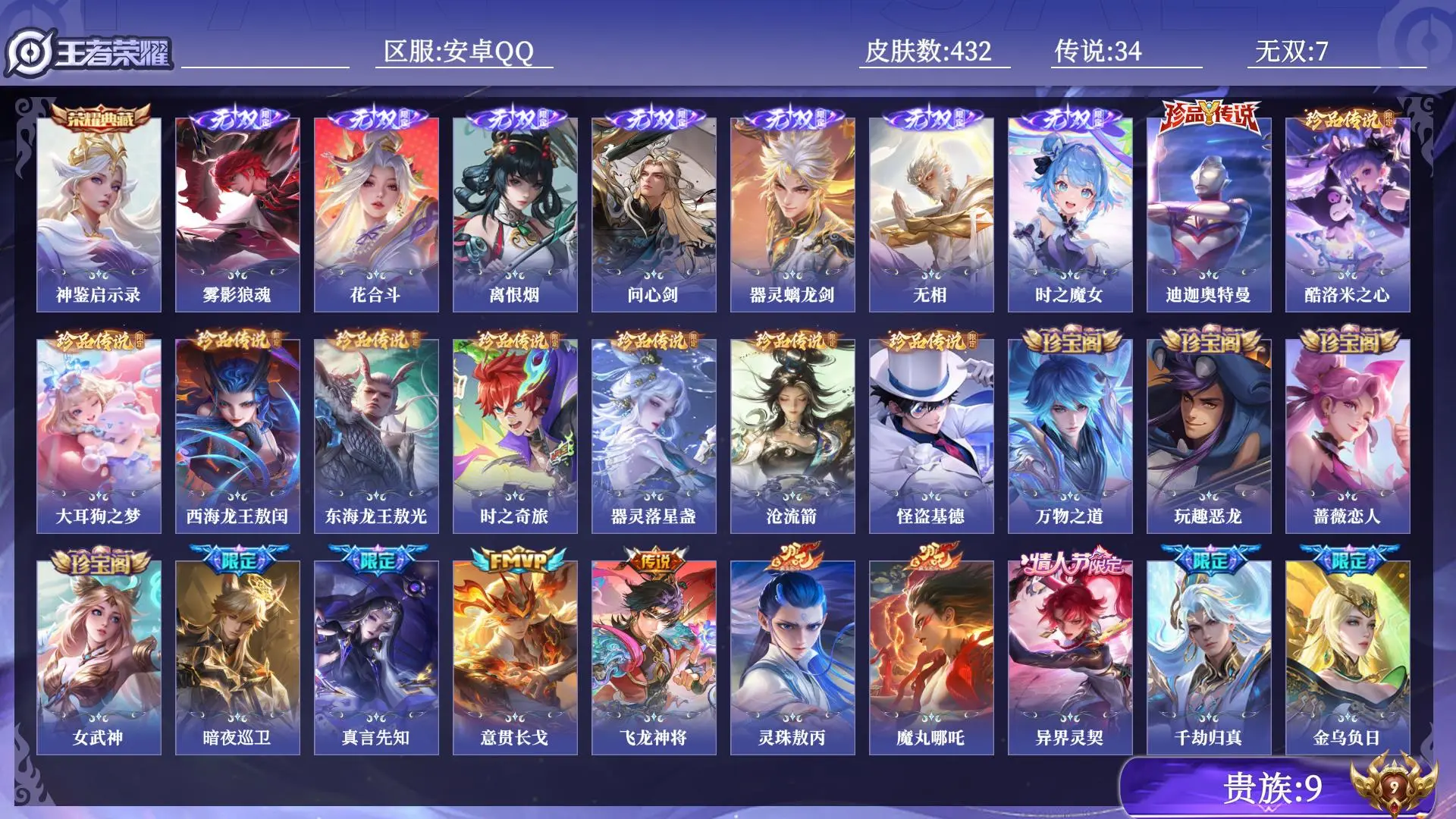 王者荣耀账号安卓QQ贵族9 皮肤数量432 无双7 荣耀典藏1 珍品传说9 传说34 史诗131 英雄130 总场次13053 荣耀王者