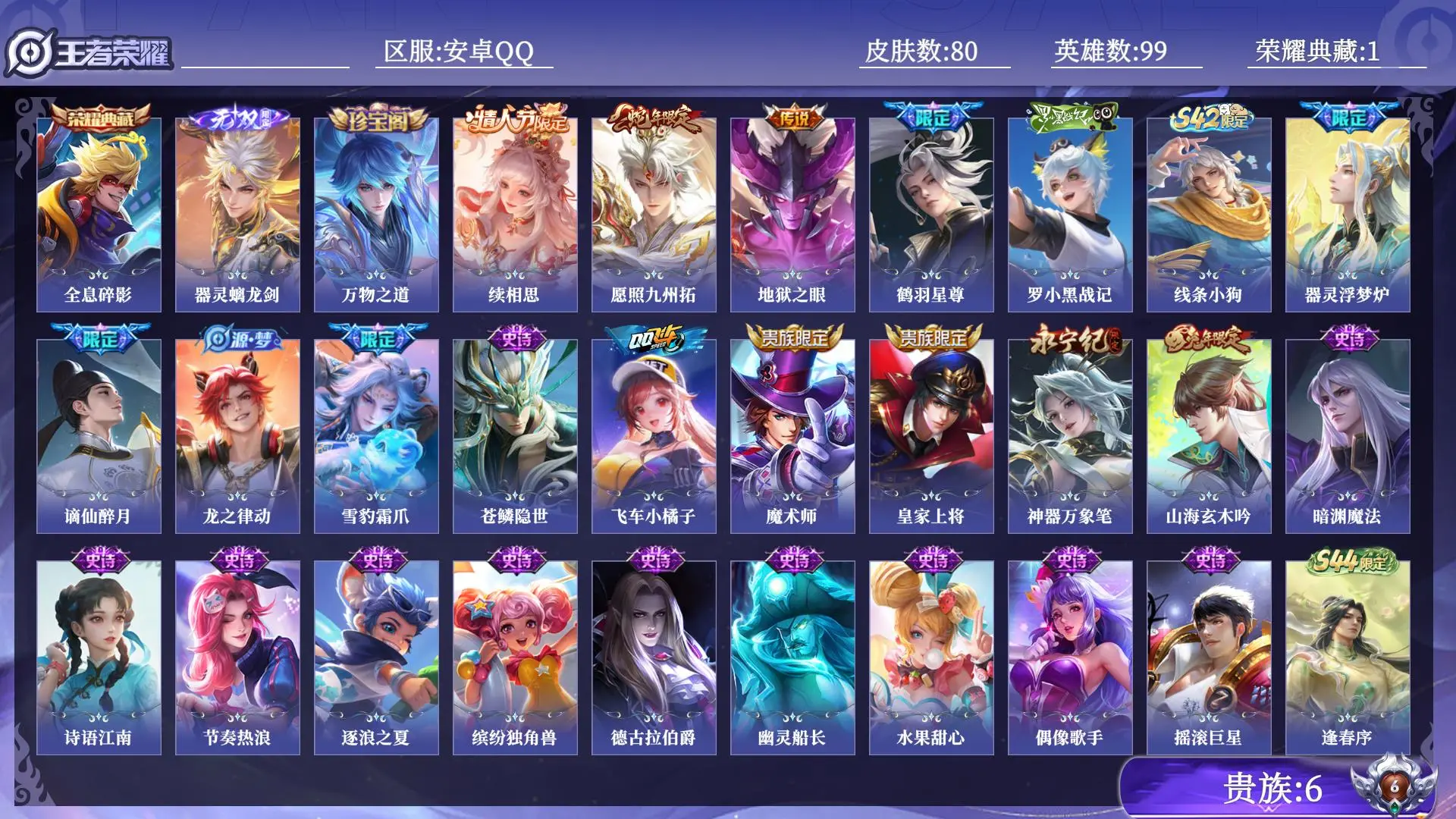 王者荣耀账号安卓QQ贵族6 皮肤数量80 无双1 荣耀典藏1 传说4 史诗22 英雄99 总场次785