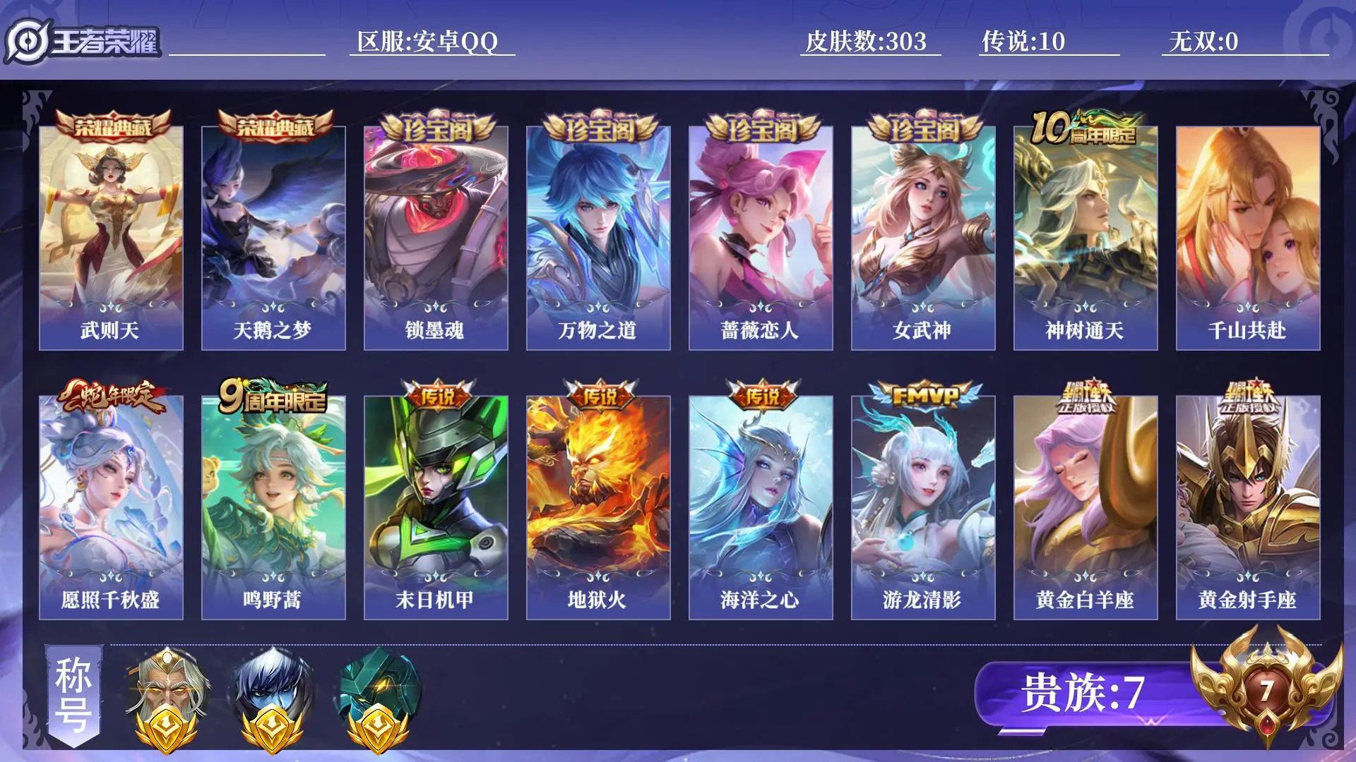 王者荣耀账号安卓QQ贵族7 金标3 皮肤数量303 荣耀典藏2 传说10 史诗91 英雄132 总场次23132 至尊星耀III