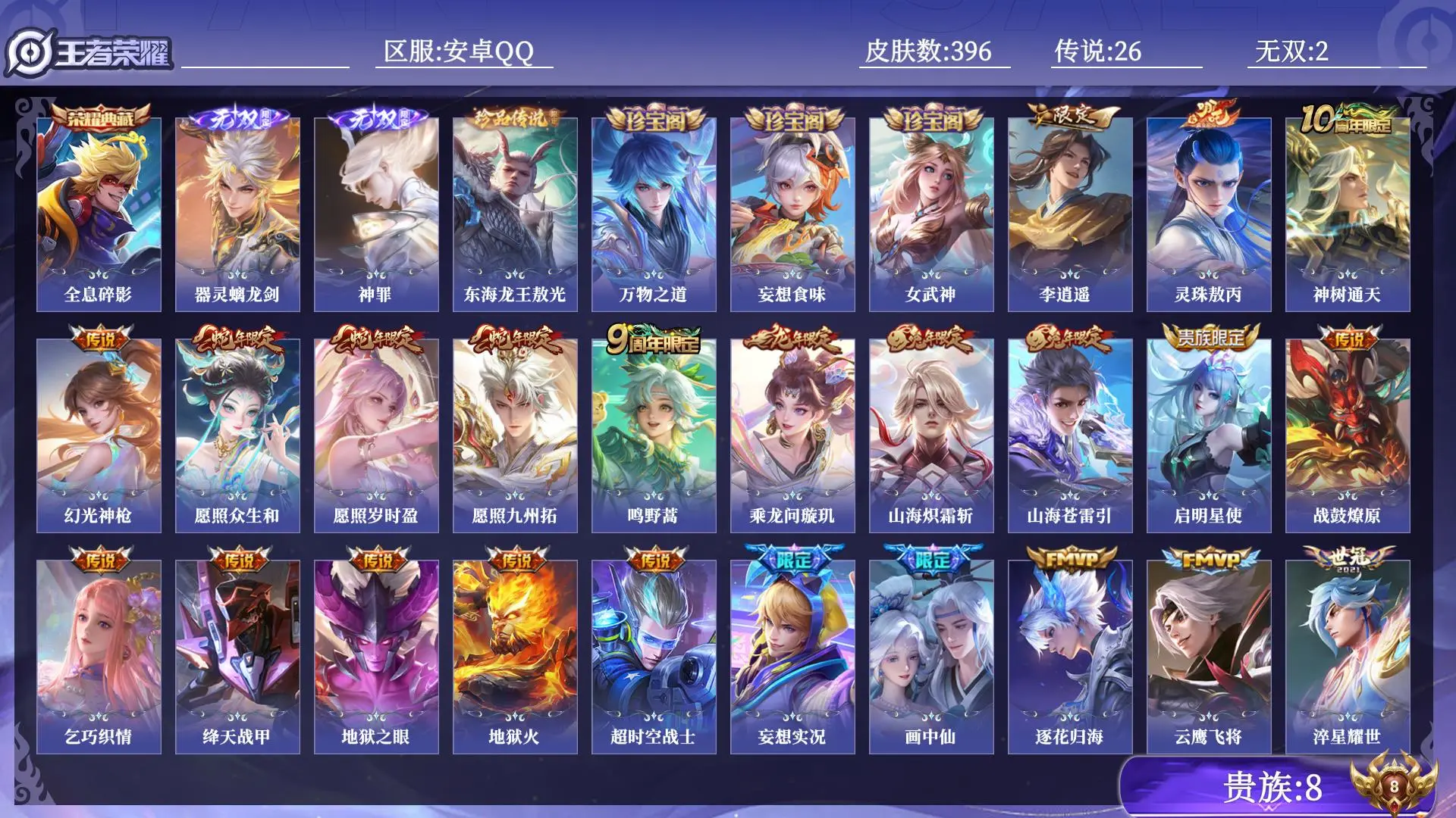 王者荣耀账号安卓QQ贵族8 皮肤数量396 无双2 荣耀典藏1 珍品传说1 传说26 史诗107 英雄129 总场次11348 永恒钻石II