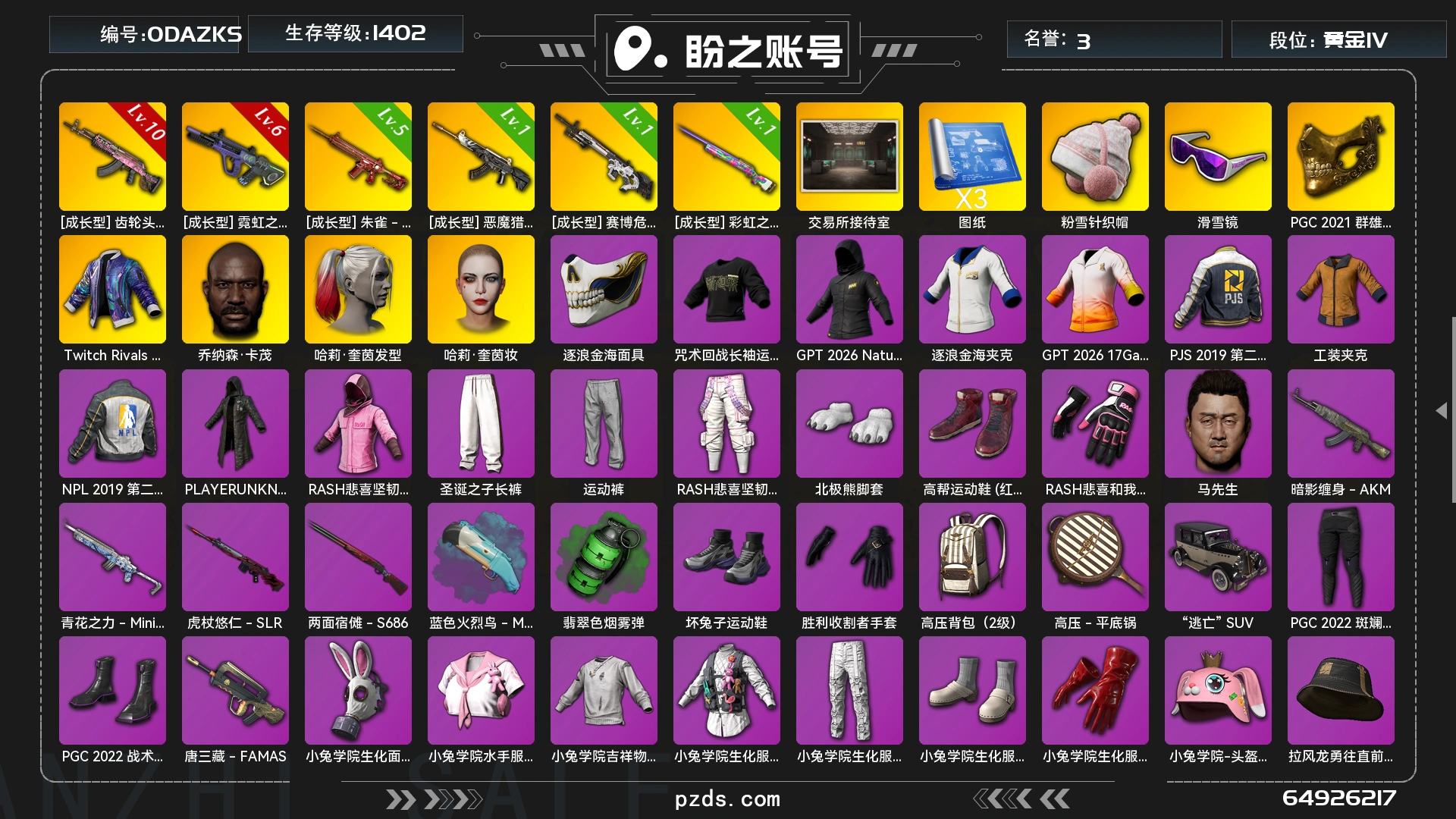 [27092895]JDPX15894 生存500级可排位/10级齿轮头-BERYLM762/6级霓虹之梦-AUG/5级朱雀-M416/1级恶魔猎手-ACE32/1级彩虹之上-M24/1级赛博危机-MK12/滑雪镜/小丑女/老黑/金面具/马东锡/悲喜跟我结婚吧礼包/拉风龙-风华套装/拉风龙-勇往套装/翡翠色烟雾弹/蓝色火烈鸟-M79/白熊鞋子/ 0DAZKS号 黄金IV, 生存等级1402, 名誉等级3, 金标数量3, 图纸3, 聚合物1376, 枪皮数量42, [成长型] 