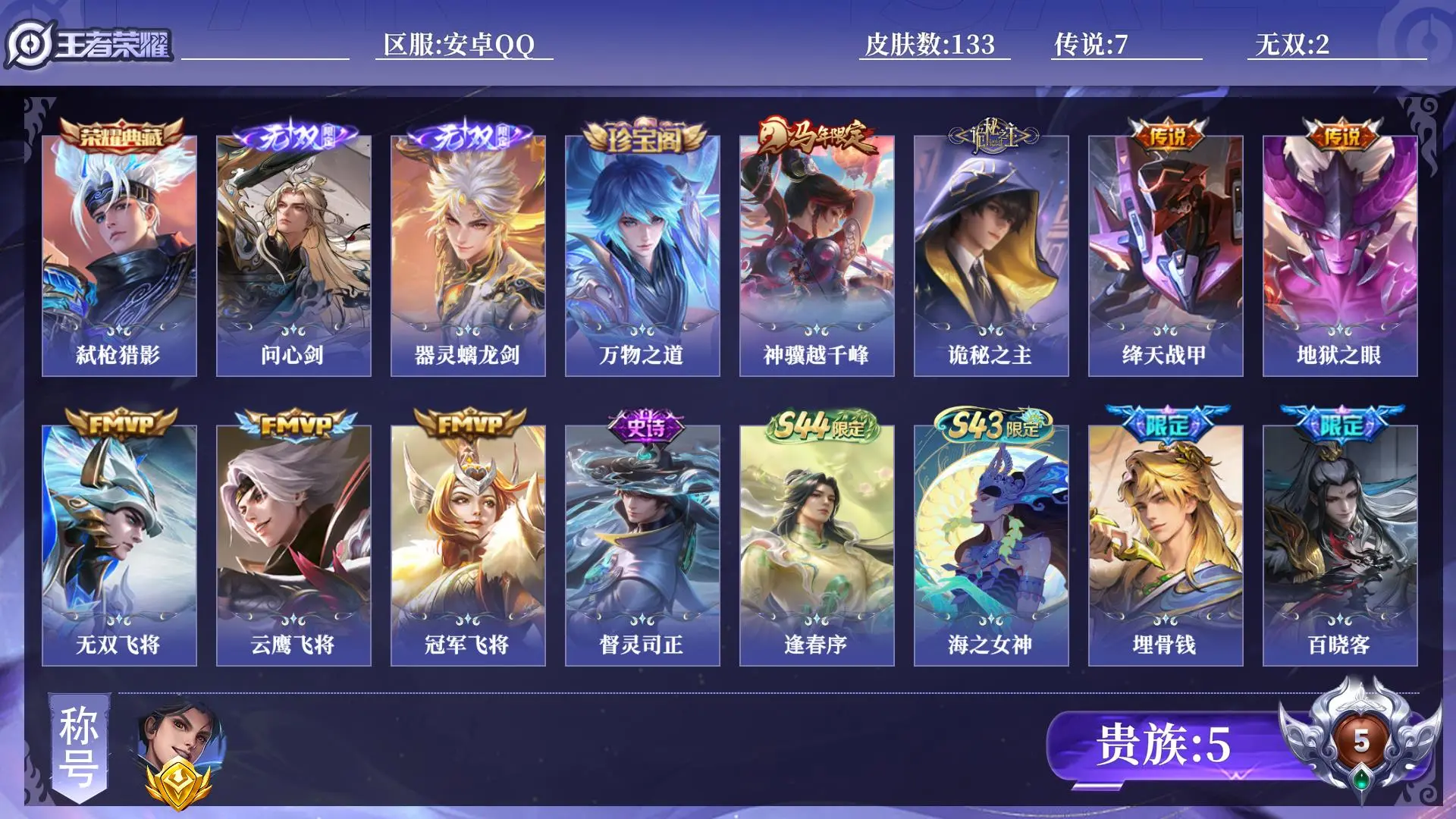 王者荣耀账号安卓QQ贵族5 金标1 皮肤数量133 无双2 荣耀典藏1 传说7 史诗30 英雄127 总场次5036 至尊星耀V