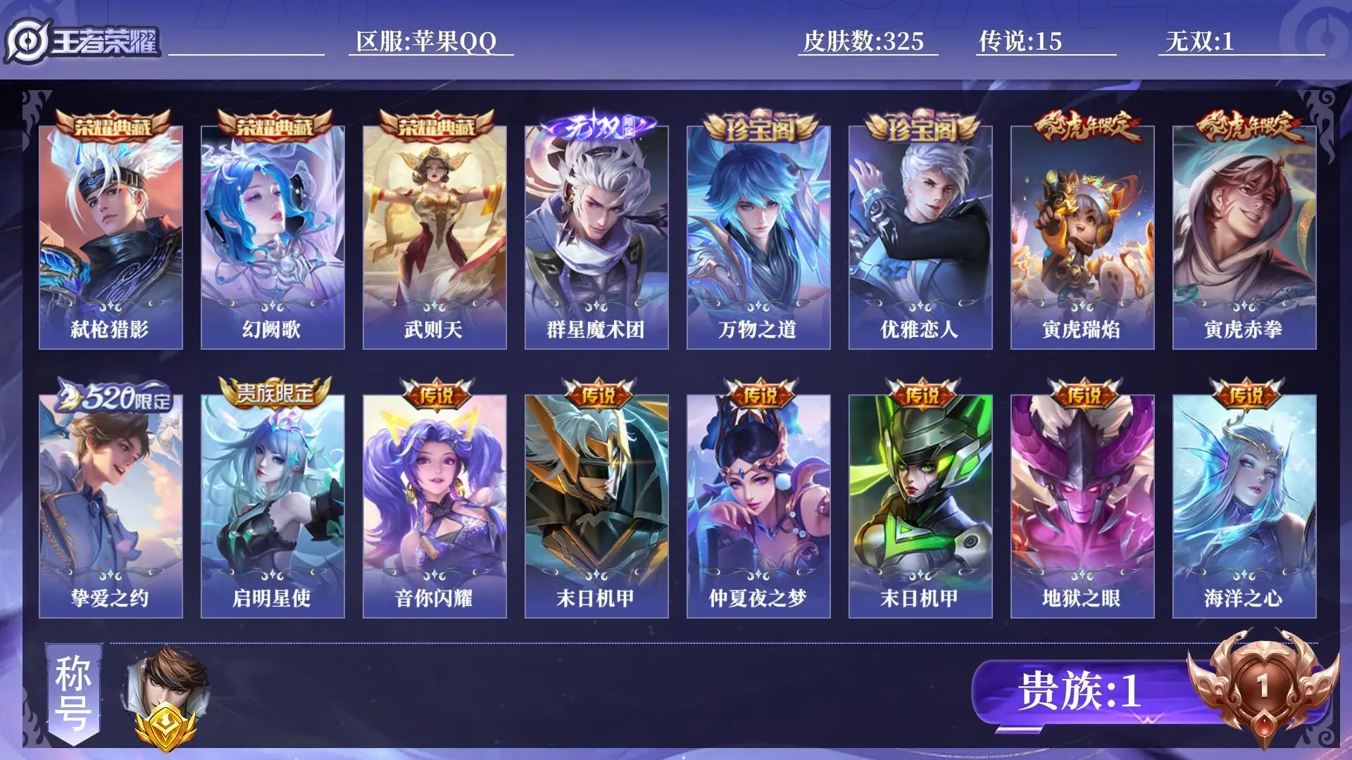 王者荣耀账号苹果QQ贵族1 金标1 皮肤数量325 无双1 荣耀典藏3 传说15 史诗92 英雄129 总场次15381 绝世王者