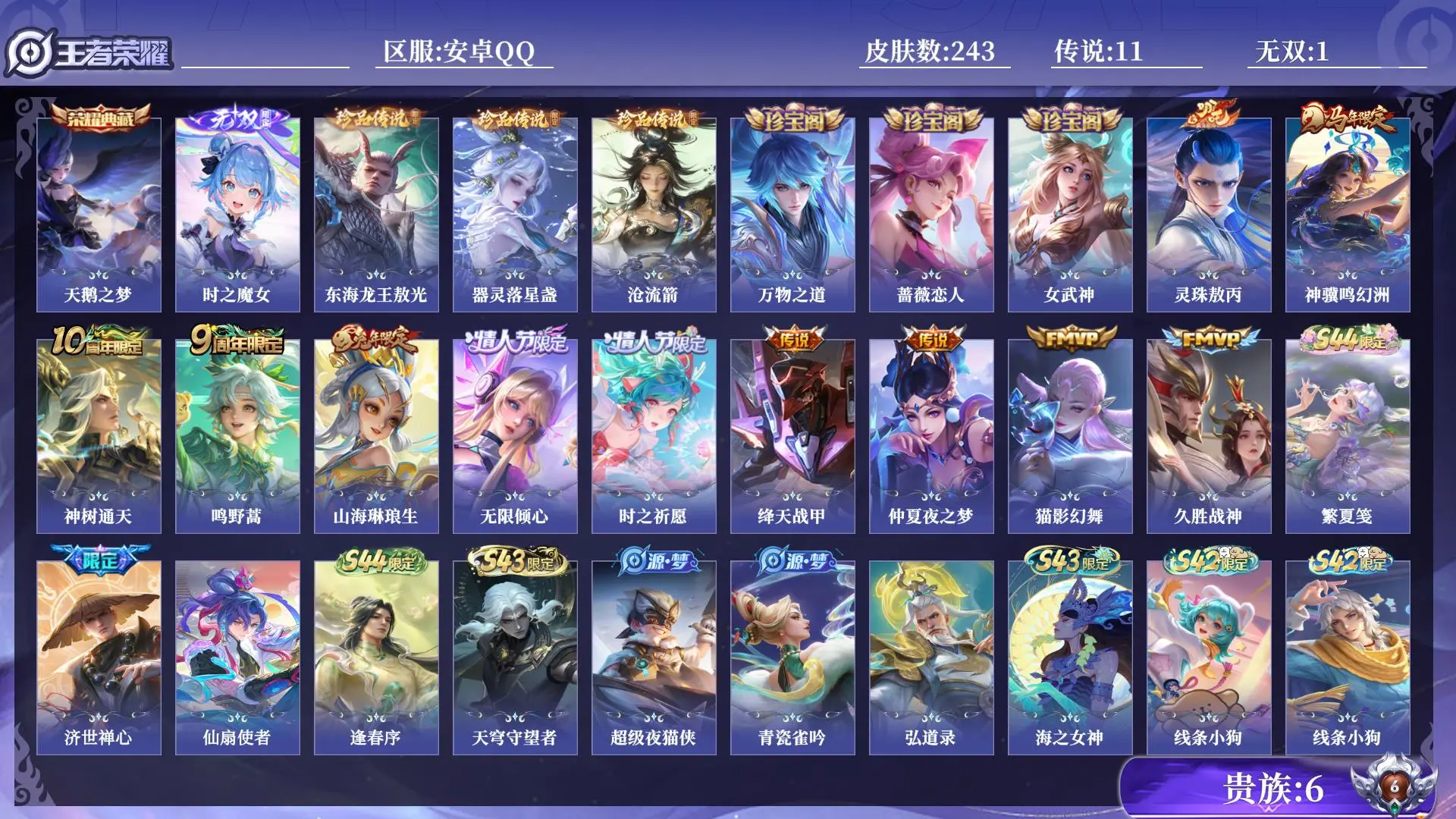 王者荣耀账号安卓QQ贵族6 皮肤数量243 无双1 荣耀典藏1 珍品传说3 传说11 史诗72 英雄129 总场次10081 绝世王者