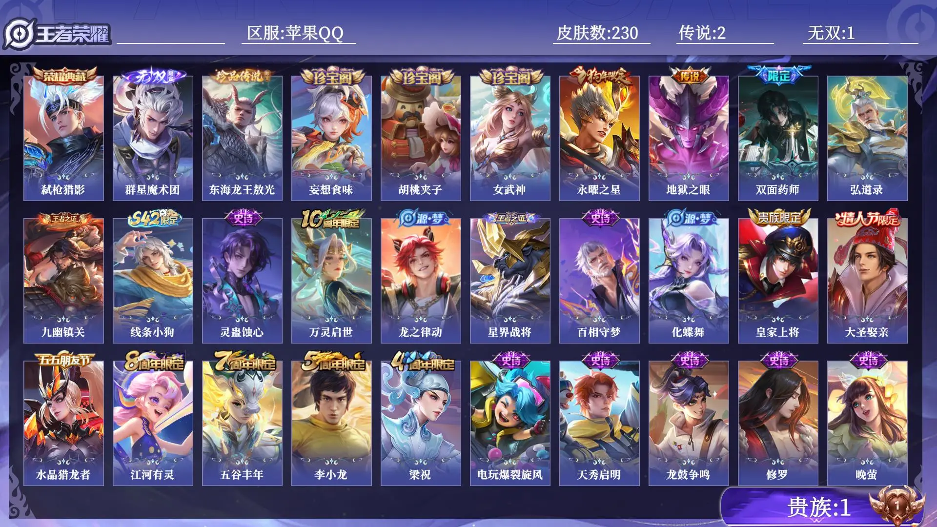 王者荣耀账号苹果QQ贵族1 皮肤数量230 无双1 荣耀典藏1 珍品传说1 传说2 史诗51 英雄129 总场次15206 绝世王者