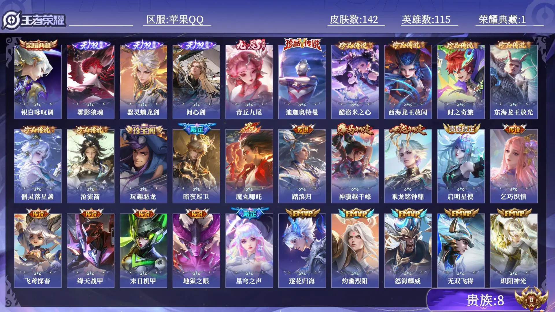 王者荣耀账号苹果QQ打野号 对抗路号 贵族8 皮肤数量142 无双4 荣耀典藏1 珍品传说7 传说18 史诗48 英雄115 总场次2883
