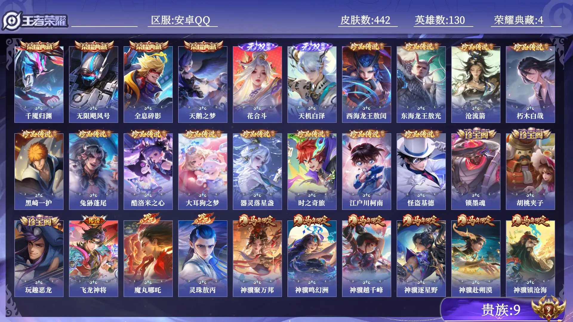 王者荣耀账号安卓QQ法师号 打野号 贵族9 荣耀典藏4 无双2 珍品传说12 传说皮肤34 史诗皮肤117 皮肤数量442 皮肤价值:373288 英雄130 至尊星耀II 总场次10777