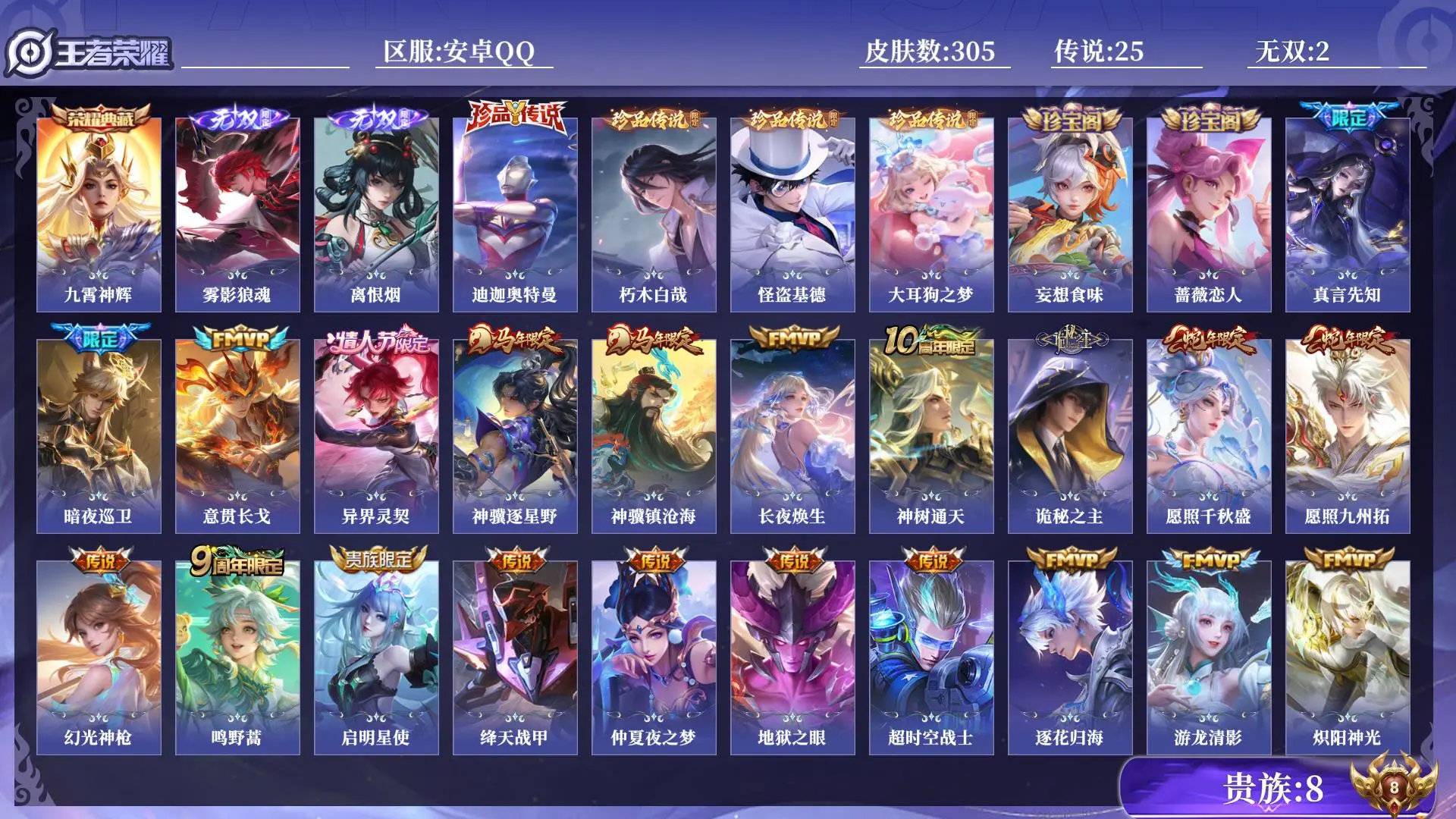 王者荣耀账号安卓QQ法师号 打野号 贵族8 皮肤数量305 无双2 荣耀典藏1 珍品传说4 传说25 史诗86 英雄130 总场次9027 永恒钻石II