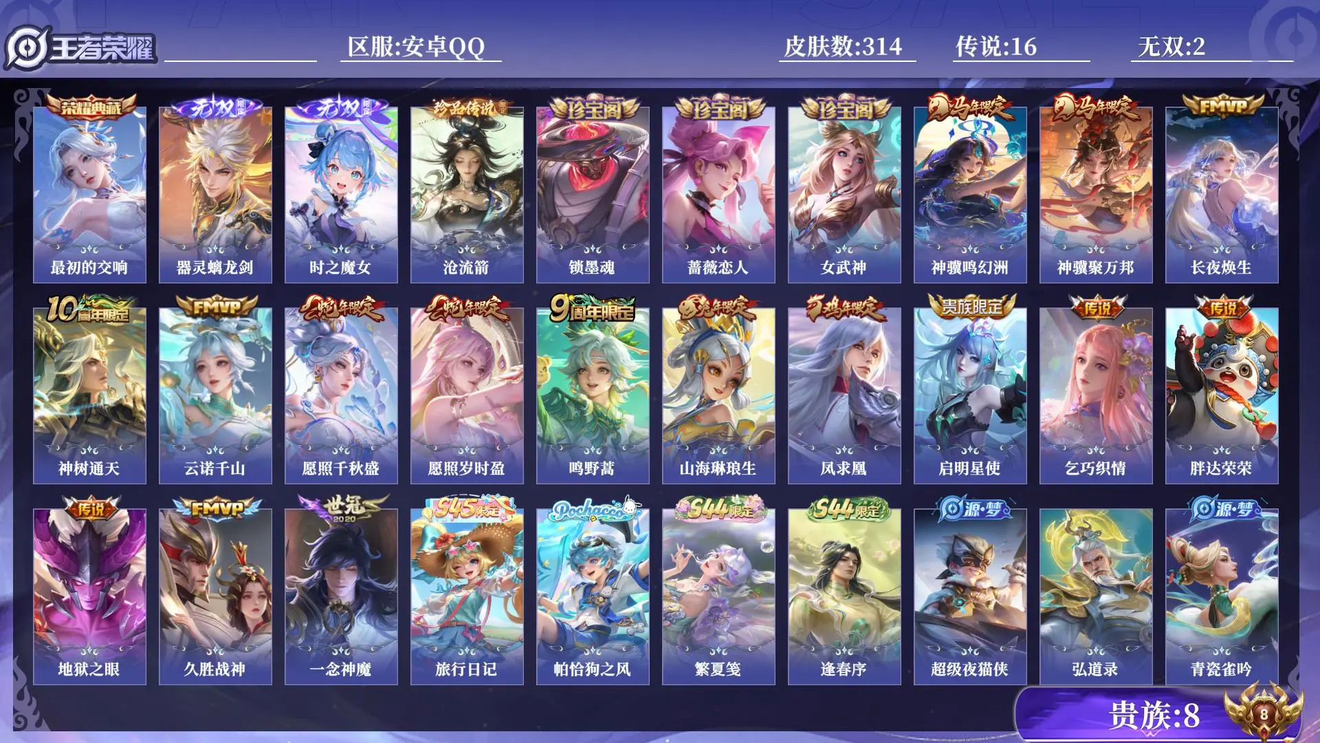 王者荣耀账号安卓QQ法师号 女号 贵族8 皮肤数量314 皮肤收集度49050 无双2 荣耀典藏1 珍品传说1 传说16 史诗109 英雄129 总场次9426 至尊星耀I