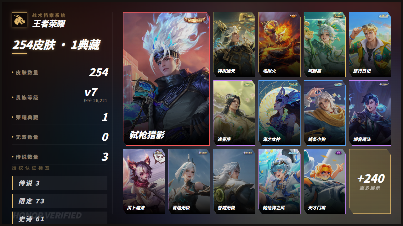 PX_2985066-【精品号手慢无】贵7性价比号，贵族积分：26,221，铭文、背包、积分夺宝以上号为准！！！历史3星王者 254皮肤 1典藏 3传说 81星元 1天幕 2按键 典藏(1): 韩信-弑枪猎影 传说(3): 后羿-神树通天 | 孙悟空-地狱火 | 桑启-鸣野蒿 星传说(1): 孙悟空 生肖限定(1): 铠-青龙志