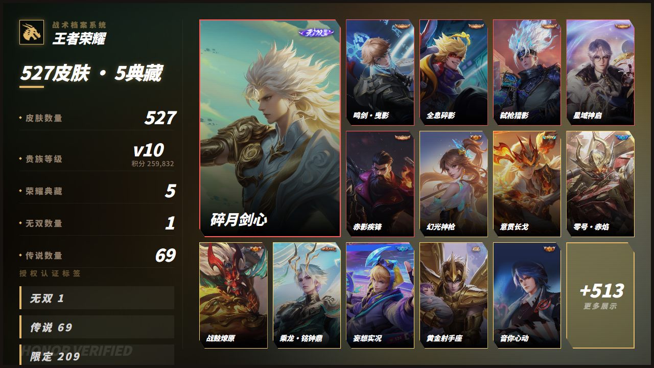 PX_2990972-【精品号手慢无】贵10性价比号， 贵族积分：259,832铭文、背包、积分夺宝以上号为准！！！ 历史28星王者 527皮肤 5典藏 1无双 69传说 220星元 1天幕 27按键 0英雄 典藏(5): 李白-鸣剑·曳影 | 孙悟空-全息碎影 | 韩信-弑枪猎影 | 诸葛亮-星域神启 | 关羽-赤影疾锋 珍品无双(1): 李白-碎月剑心