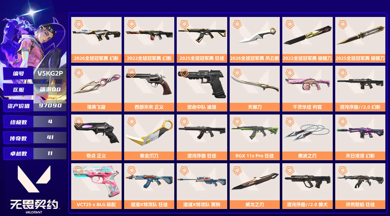 【终身售后 找回包赔】97090资产1575使用R点150皮肤5套装 钻石I【套装】2026全球冠军赛,VCT2026赛季,2025全球冠军赛,滋滋X特攻队,2022全球冠军赛【皮肤】终点站餐吧-幻影,美食家-冥驹,终点站餐吧-飞将,美食家-战神,终点站餐吧-正义,美食家-莽侠,终点站餐吧-戍卫,美