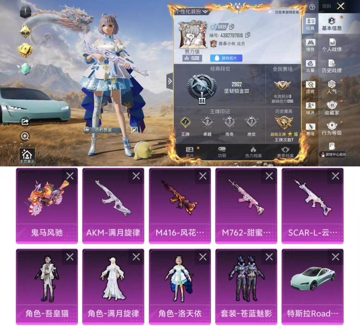 PX_2978126-实名: 可修改 时装数: 489 载具数: 2 枪械数: 204 战备数: 121 热门装扮: 苍蓝魅影,洛天依,奇迹天团,满月旋律,吾皇猫 载具: 特斯拉Roadster(水滴蓝),鬼马风驰 稀有枪皮: M762甜蜜誓约,M416风花雪月,MK14-福马献瑞,ACE32-萌骑漫游,SCAR-L-云端童话,AA12-G-其乐融融,AKM-满月旋律,蜜獾-奇