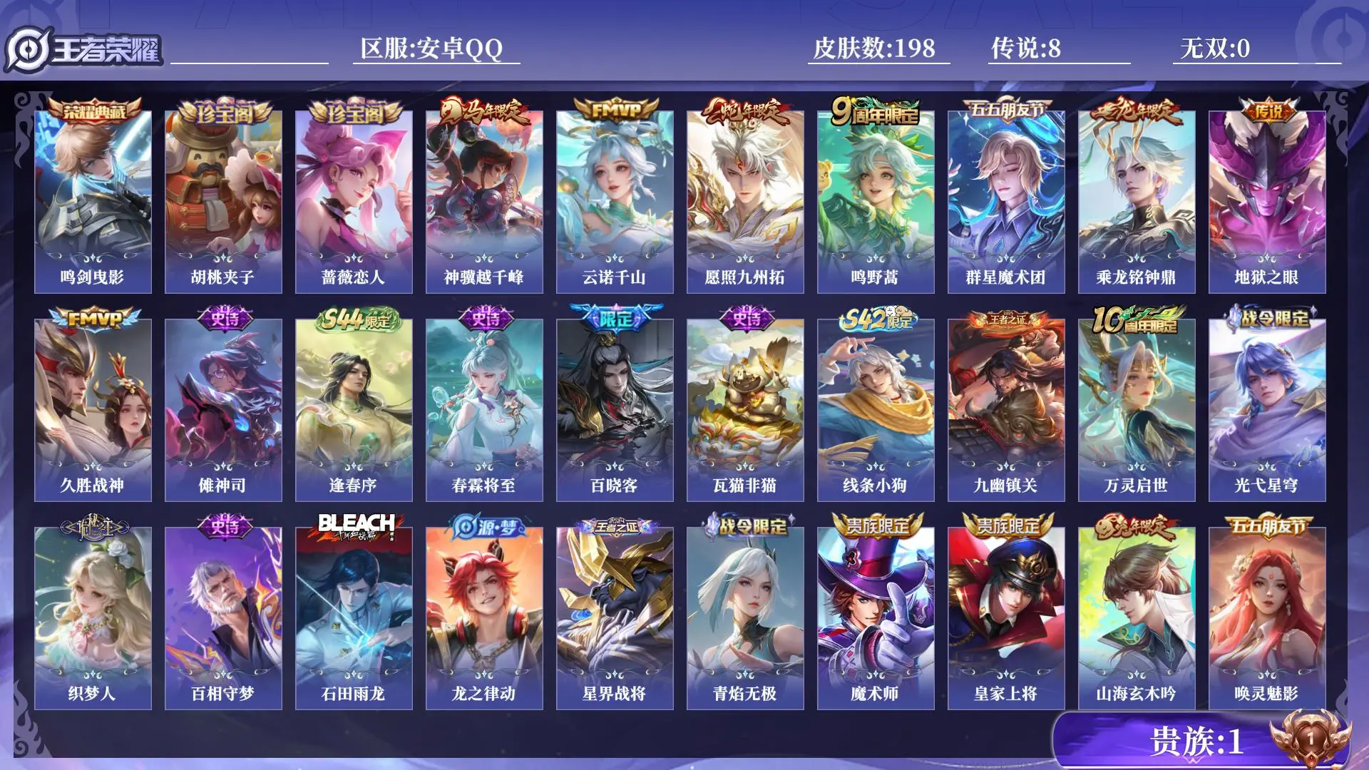 王者荣耀账号安卓QQ法师号 打野号 贵族1 皮肤数量198 皮肤收集度28050 荣耀典藏1 传说8 史诗58 英雄129 总场次11274 永恒钻石V