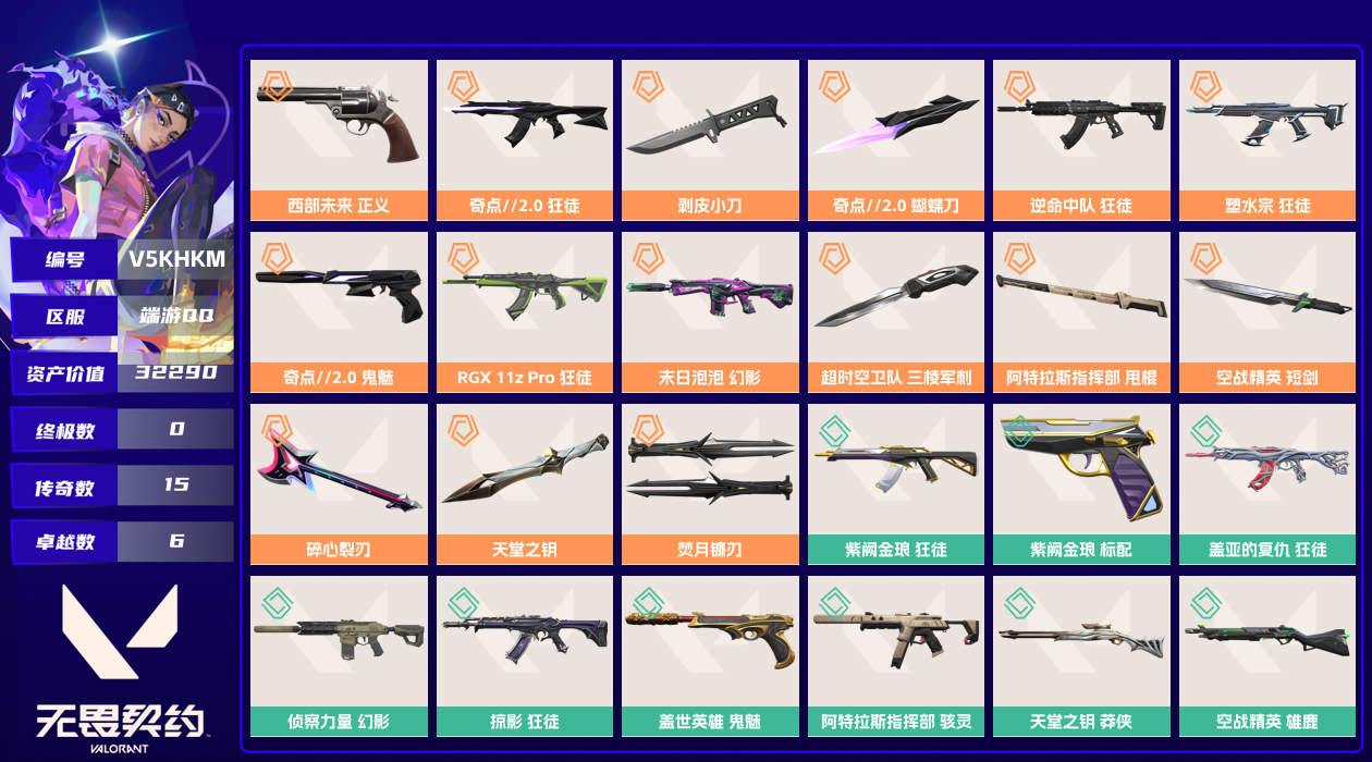 【终身售后 找回包赔】32290资产980使用R点76皮肤1套装 钻石II【套装】奇点2.0【皮肤】战术公会-标配,致命纠缠-獠犬,致命纠缠-戍卫,战术公会-幻影,致命纠缠-冥驹,致命纠缠-短炮,战术公会-判官,潜夜暗魇-幻影,潜夜暗魇-飞将,潜夜暗魇-奥丁,失速落日-追猎,潜夜暗魇-狂怒,失速落日